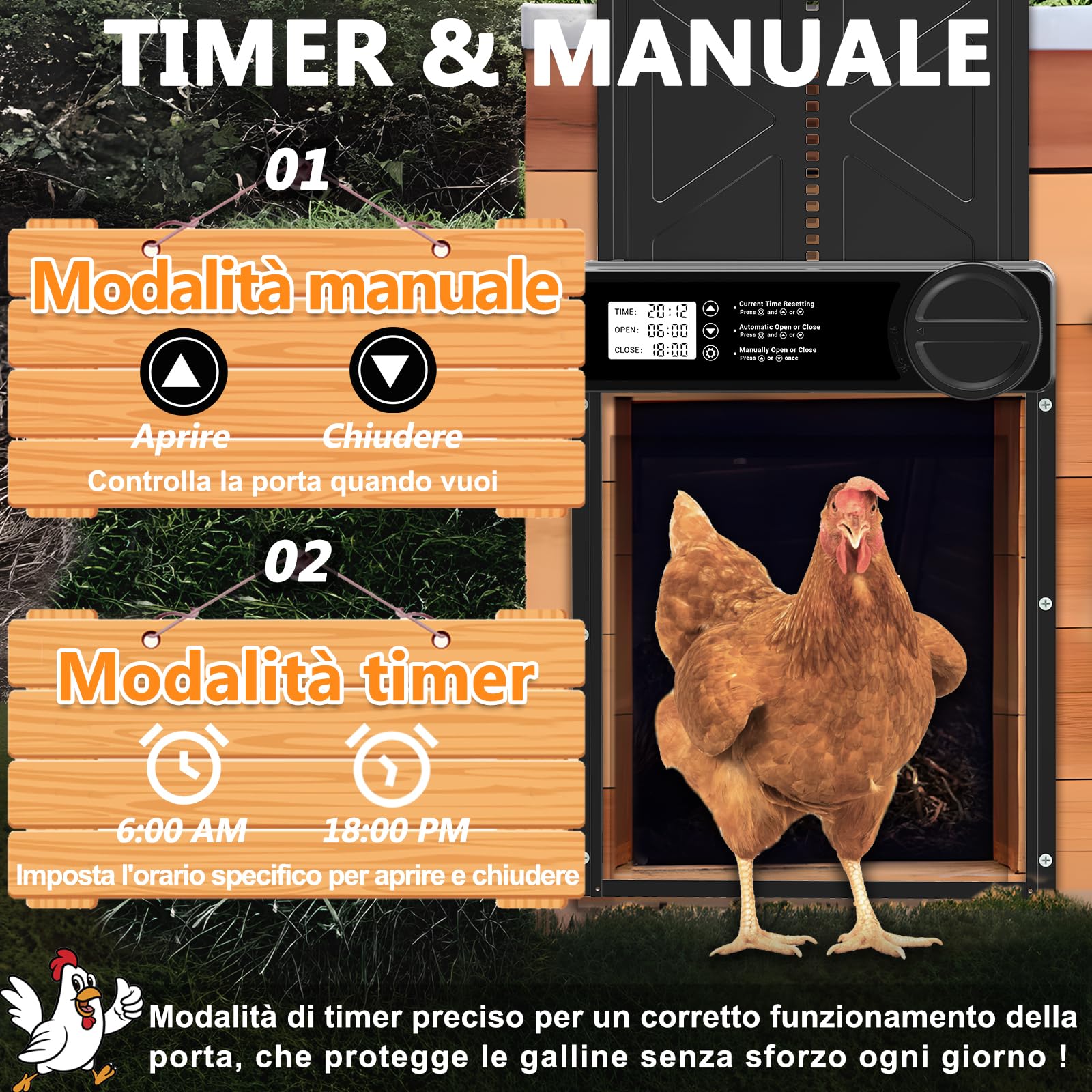 INNOLAND Porta Pollaio Automatica - Grande, Porta Automatica per Pollaio in Lega di Alluminio | Anti-Pizzicamento | Manuale e Timer | Grande Display, Porta per Pollaio Automatica Alimentata a Batteria