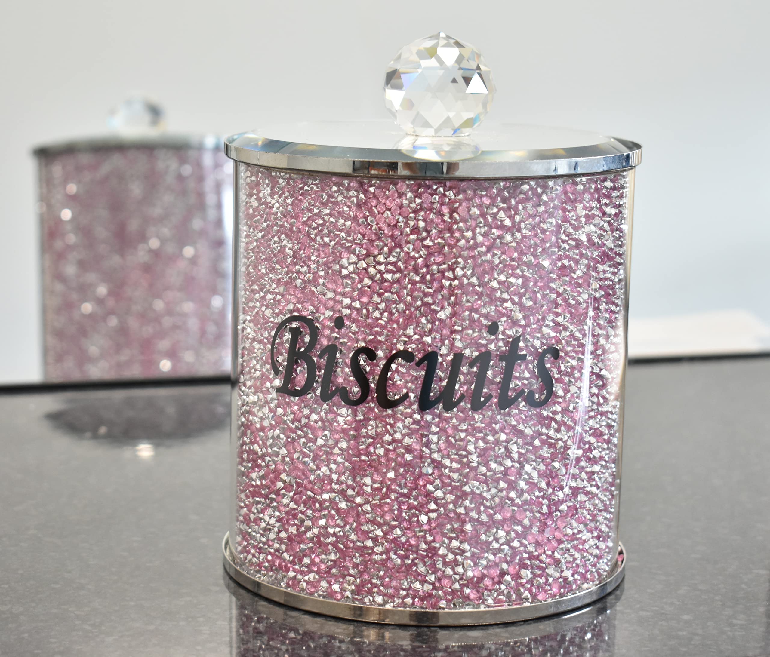 Deenz Pink,Silver Pink Diamond Crushed Biscuit Canister Jar Tin Kitchen Storage Pink & Silver Crystal Display Gift Present For All Occassion Home Decor