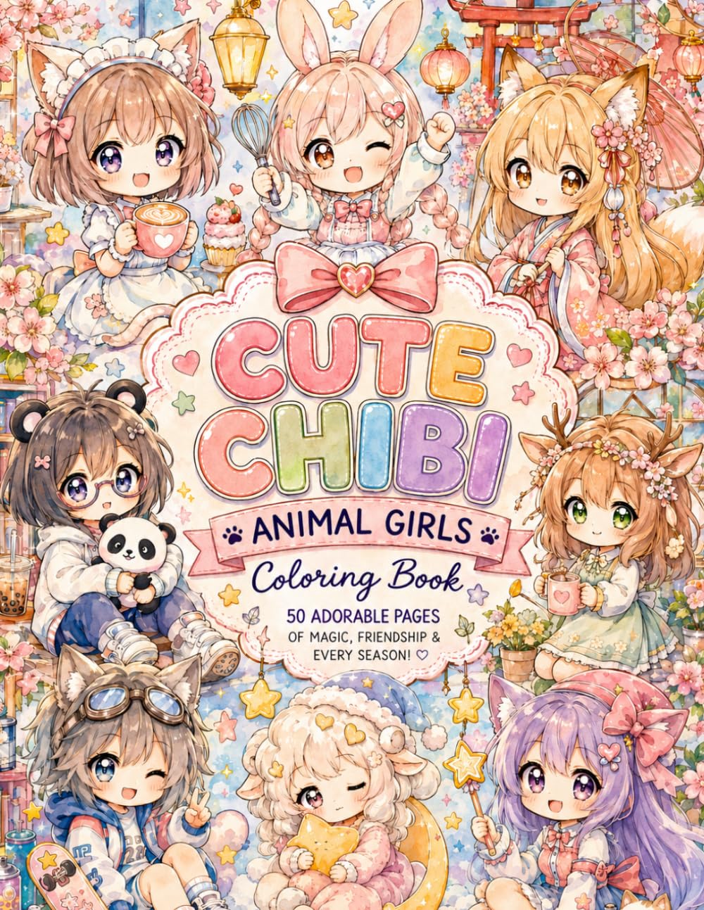 Cute Chibi Animal Girls Coloring Book: 50 Adorable Kawaii Fantasy Designs Featuring Cozy Animal Ear Girls, Magical Moments, Seasons, Café Scenes, and Dreamy Adventures for Relaxation and Stress Relief