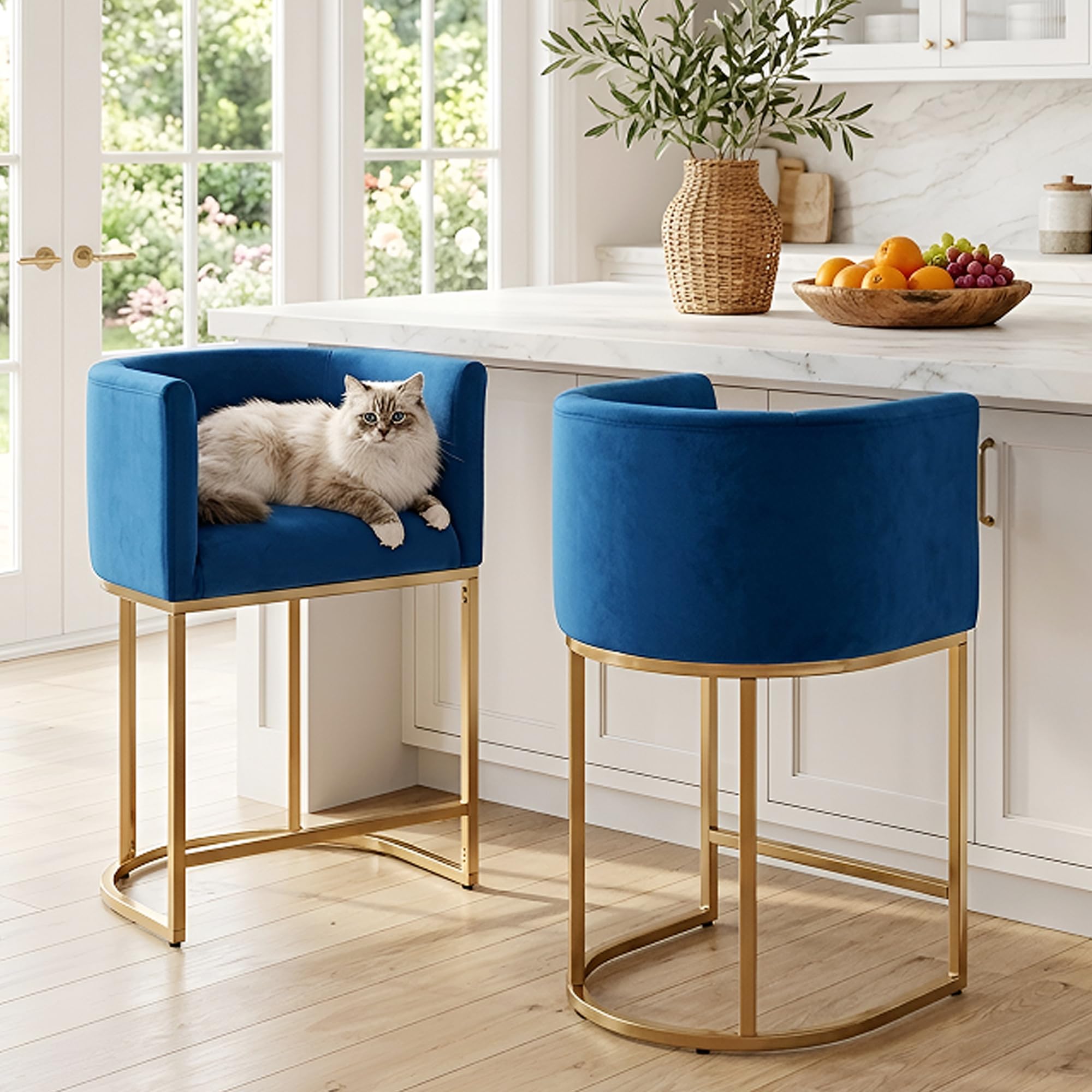 HNY Modern Counter Height Velvet Stools Navy Blue Gold Frame
