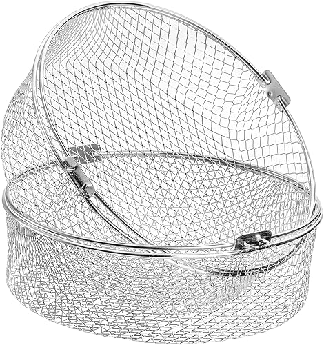 Miniatura 5 de Elsjoy Paquete de 2 cestas para freidora de aire, cesta de malla de repuesto para freidora de aire de 8 pulgadas con asa, cesta de vapor de acero