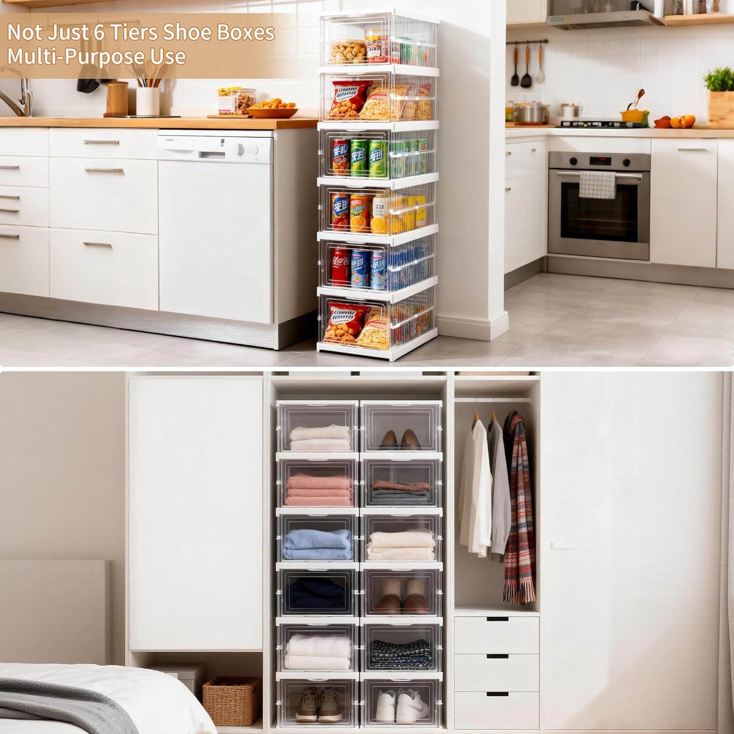 Upgrade Clear Foldable Shoe Storage Organizer, No Assembly 6 Tiers Shoe Box with Fully Clear Door, Plastic Stackable Shoe Rack for Sneakers, Sturdy Shoe Storage Containers Bins