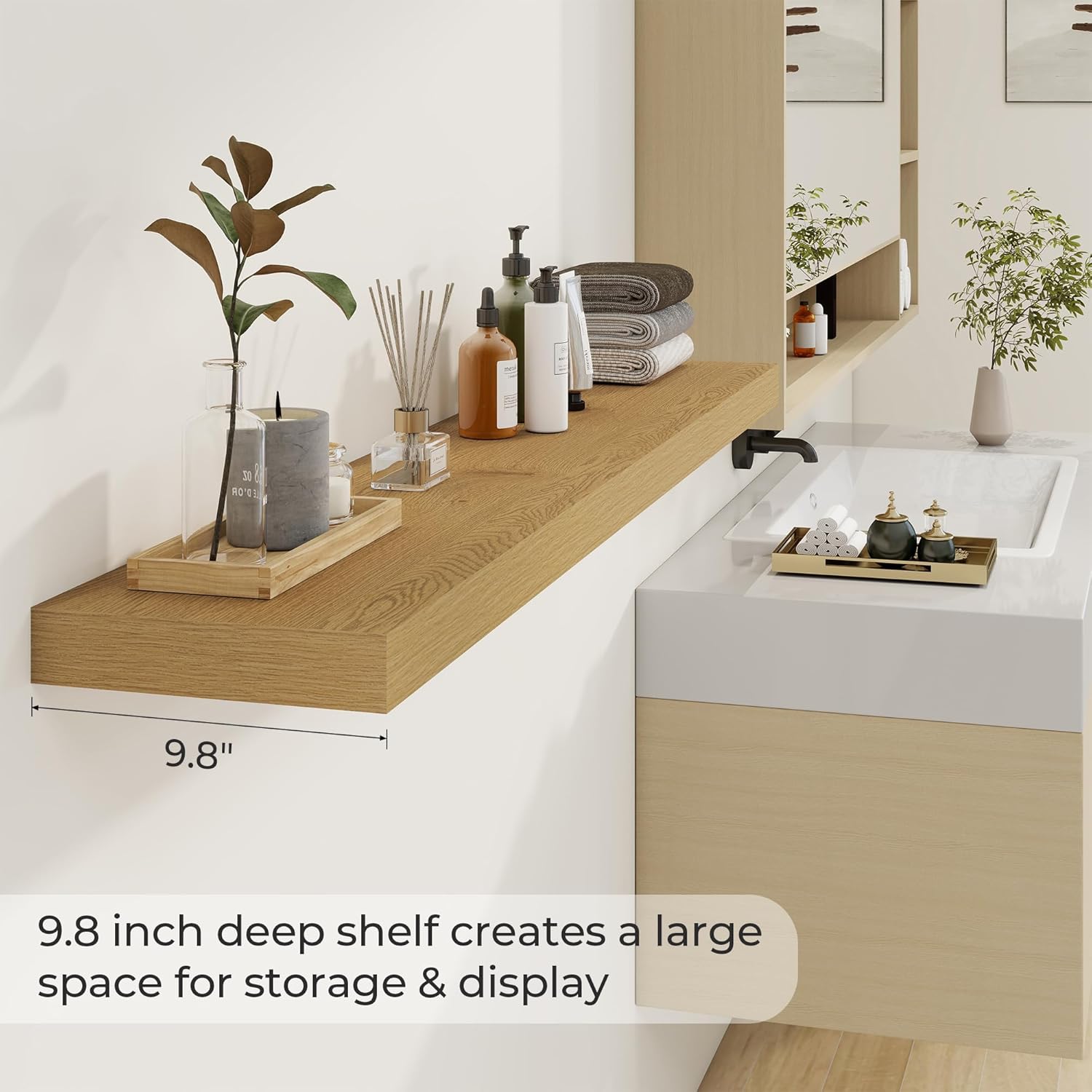 Dreamland 55 Inches Floating Shelves for Wall, 9.8" Deep Long Floating Shelves Set of 1, Large Display & Storage Shelf, Wall Shelf for Bathroom Bedroom Living Room Kitchen Office, Oak