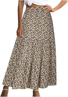 Beach Skirts Women Boho Pleated A Line Ruffle Swing Long Skirt Floral Printed Elastic Waist Holiday Maxi Skirt