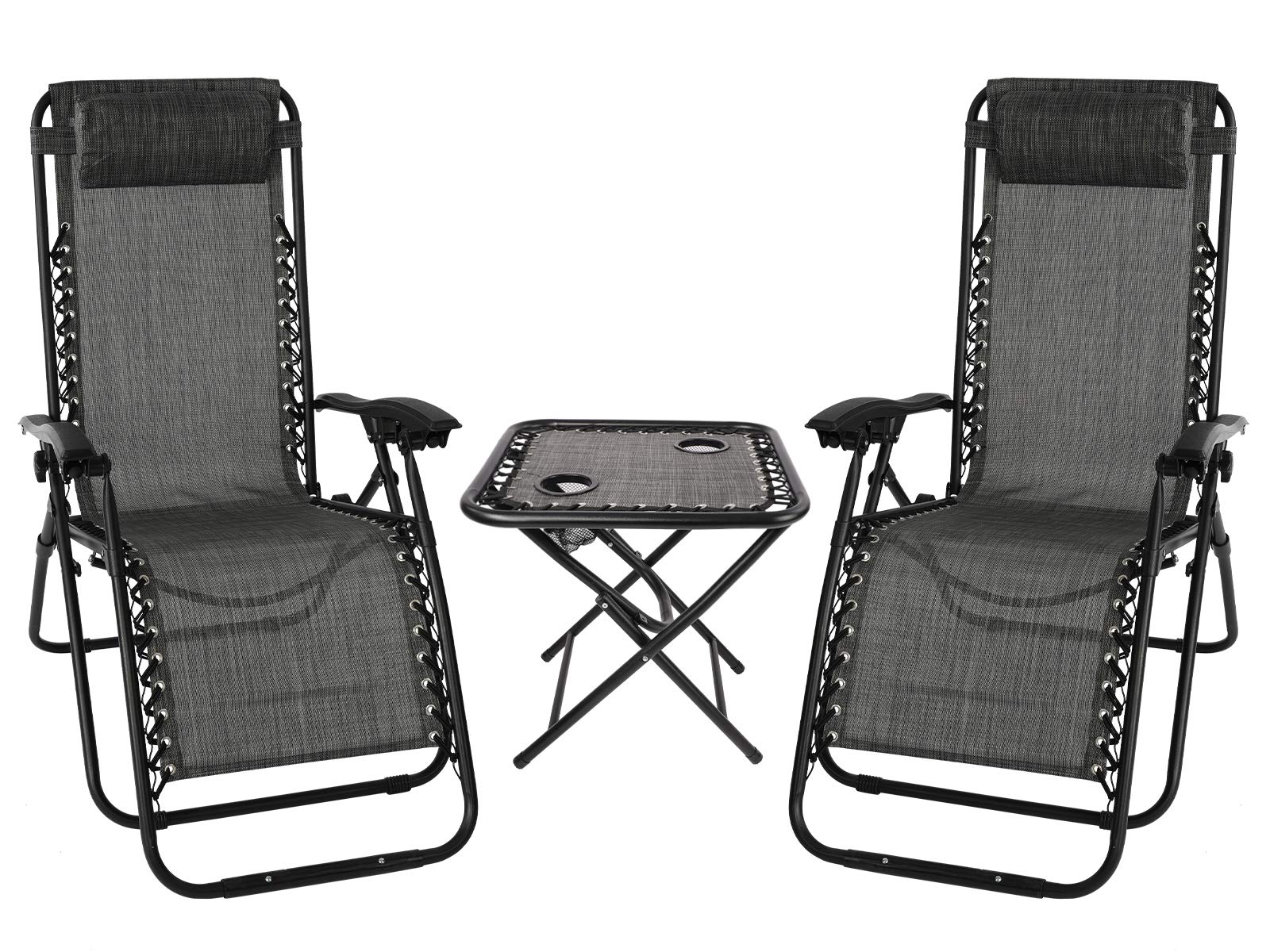 Grey Folding Recliner Zero Gravity Garden Chair Set of 2, Heavy Duty Sun Lounger with Folding Table and Adjustable Head Pillow -Outdoor Garden Chair for Garden Patio Camping