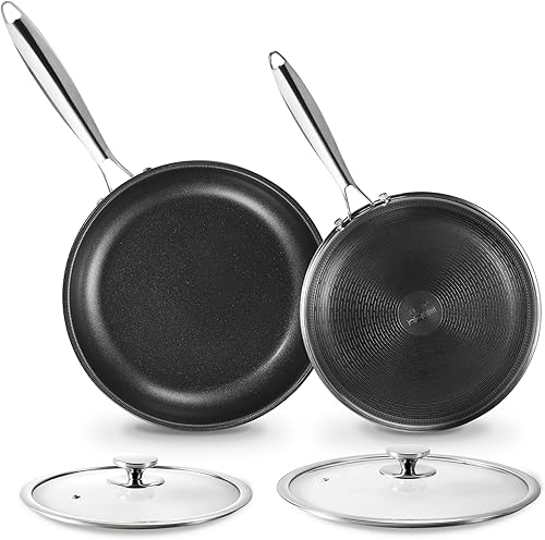 KOKHUB Sartenes antiadherentes de cerámica de titanio con tapas, juego de sartenes de acero inoxidable de tres capas de 12 pulgadas, no tóxico, sin