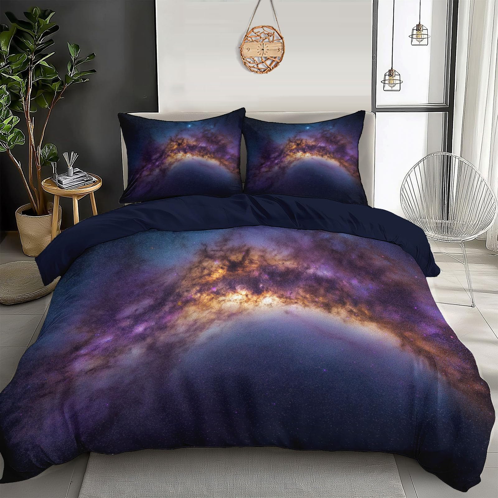 Housse de couette 140x200cm sans repassage microfibre imprimé espace voie lactée lit 2 pièces