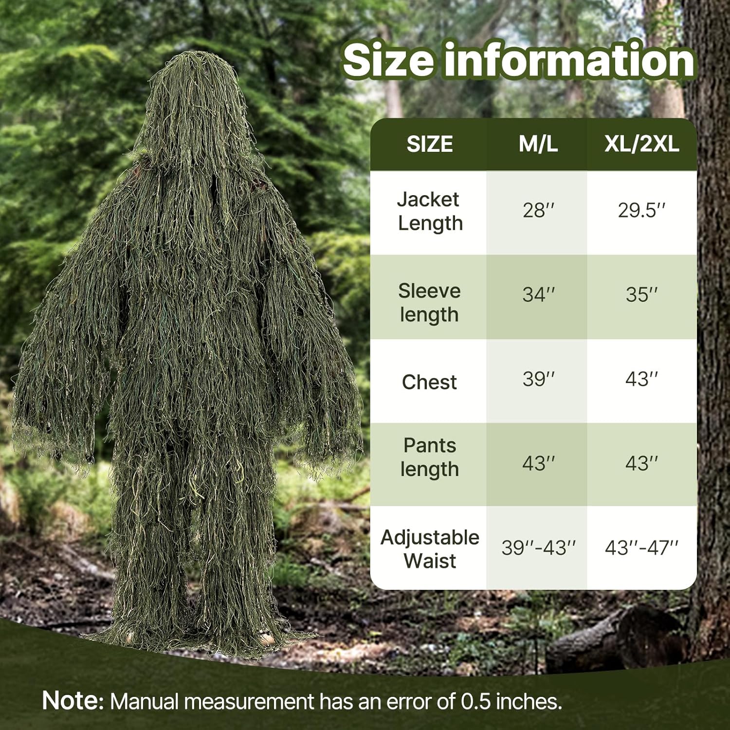Ghillie Suit for Men, 5 in 1 3D Camouflage Hunting Suits Camo Hunting Clothes for Adults