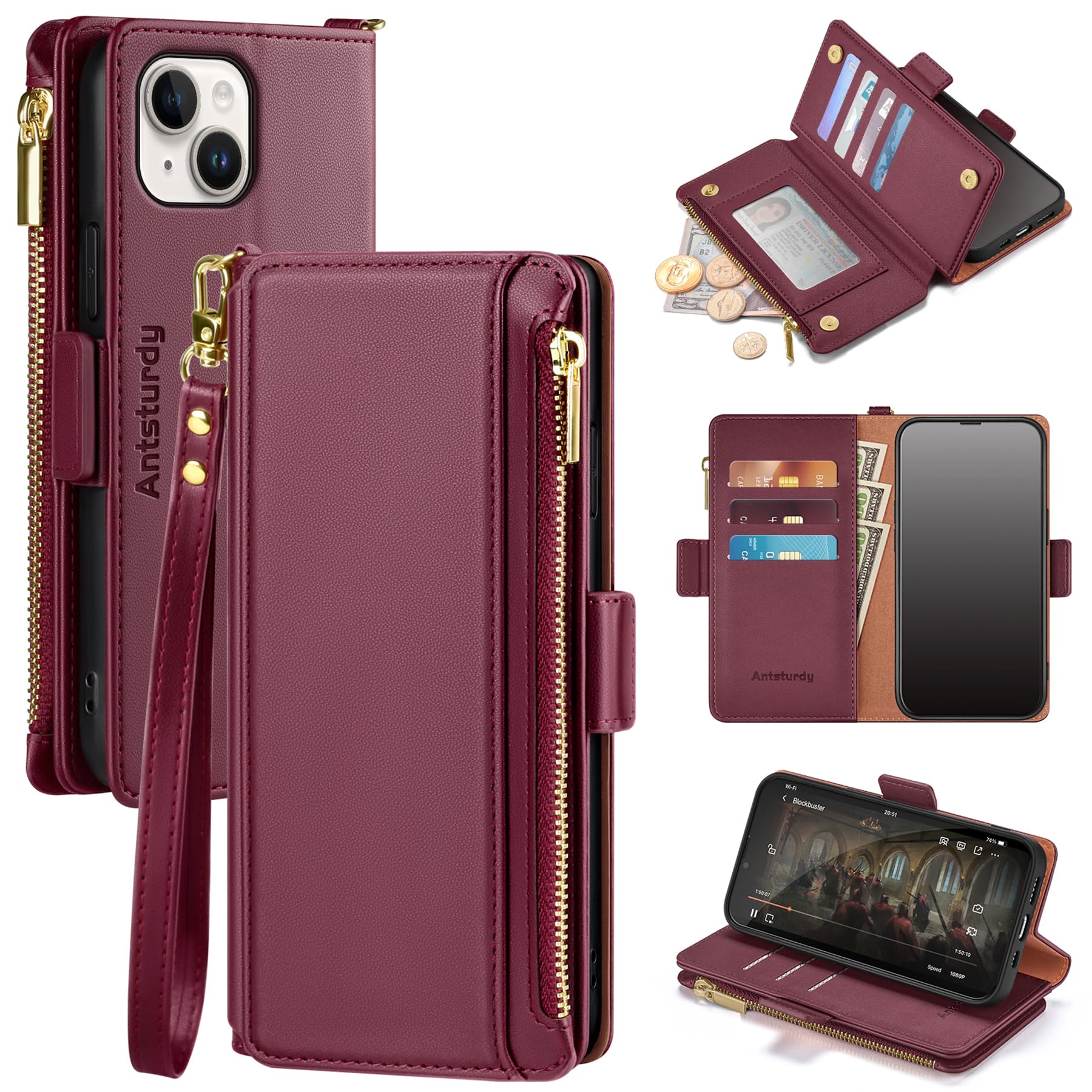 Antsturdy Compatible with iPhone 15 Plus Wallet Case,?RFID Blocking? PU Leather Phone Case Women Men with Card Holder Flip Cover Wrist Strap Zipper Credit Card Slots for Apple 15 Plus,Wine Red