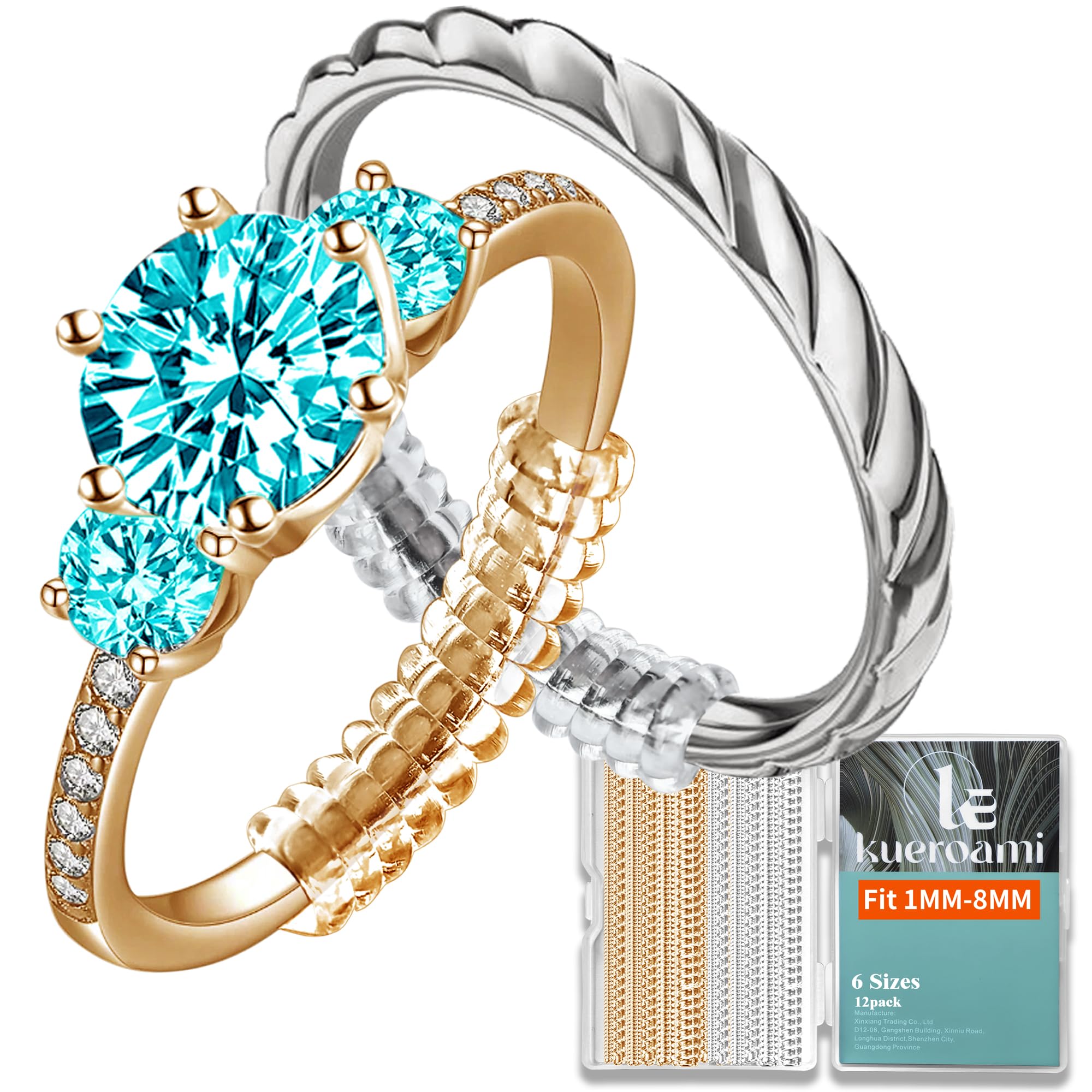 Ajusteur de taille de bague pour bagues lâches, Kueroami Ajusteur de bague avec protège-bagues, 6 tailles Ajusteur redimensionnable et serrant pour bagues, largeur de 1 à 8 mm, réduit les espaceurs de