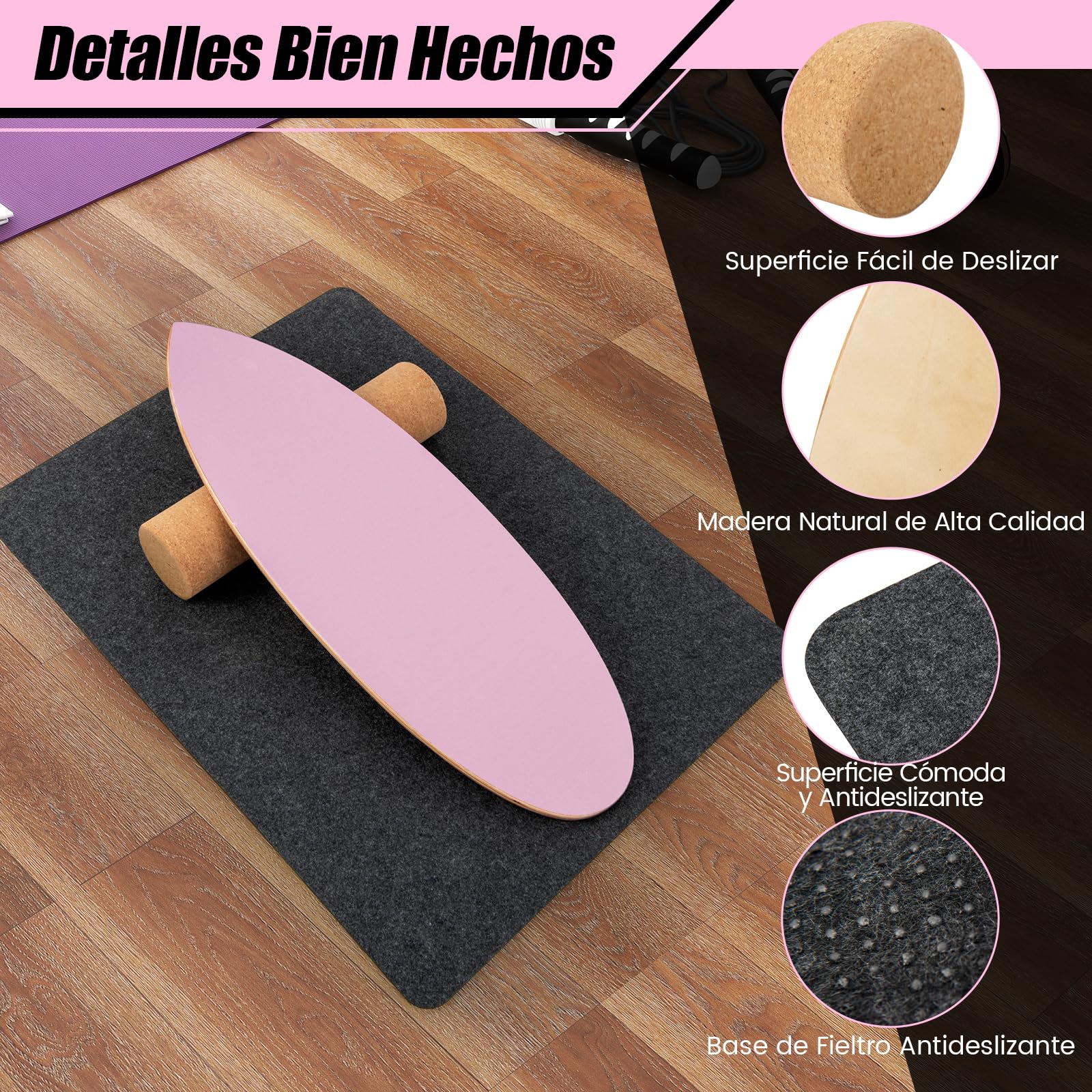 GYMAX Tabla de Equilibrio de Madera con Rodillo de Corcho y Estera de Protección, Tabla de Equilibrio para Surf de Interior, Tabla de Surf
