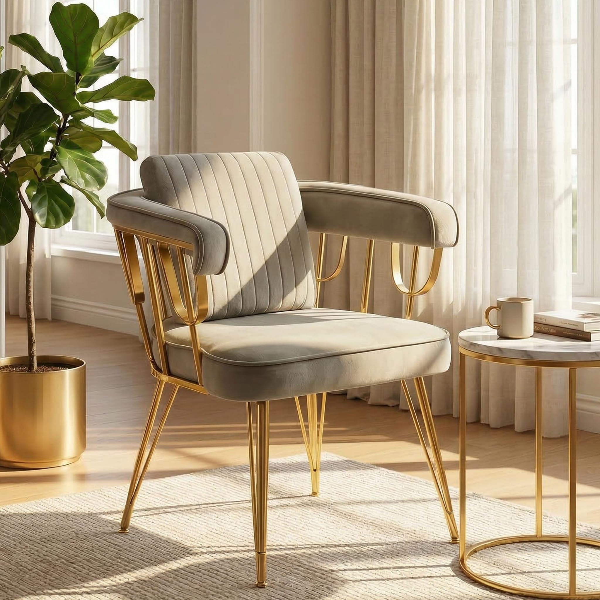 Hellove Chaise Coiffeuse Velours avec Accoudoirs, Fauteuil Salon Métal Doré – Vanity Chaise Moderne pour Chambre à Coucher, Salle à Manger, Coussin Décoratif Inclus, Brun