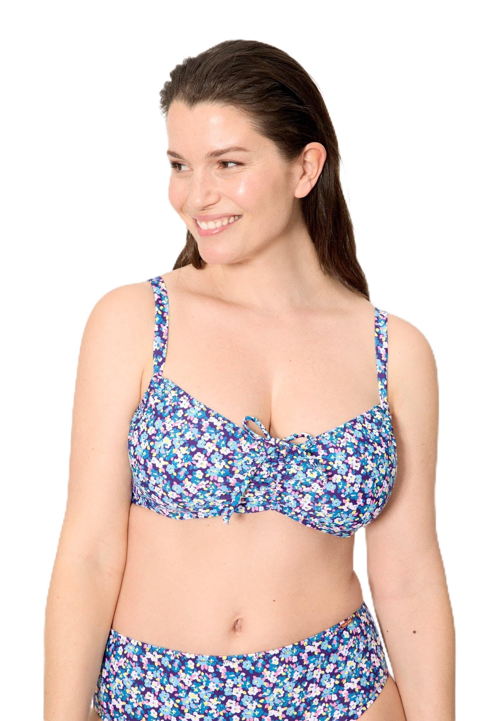 YSABEL MORA. Top Bikini Reductor Liberty Azul Copas D y E. con Aro y Sin Relleno. Estampado de Pequeñas Flores. Reduce Proyección del Pecho con Compresión Uniforme .Colección Flowers.
