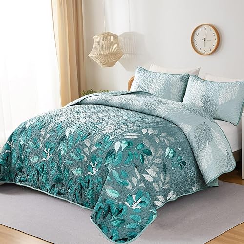 WONGS BEDDING Juego de edredón floral tamaño Queen, juego de colcha de 3 piezas con hojas botancales aguamarina con 2 fundas de almohada para todas