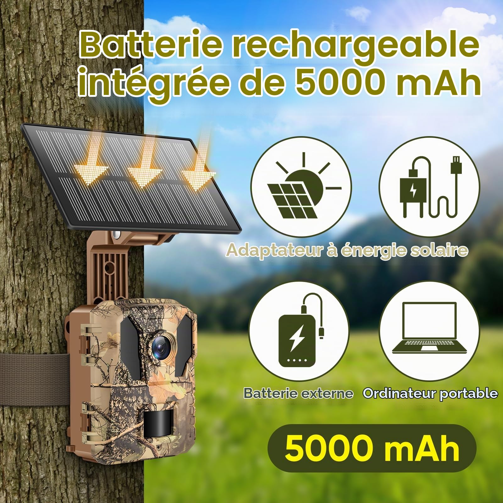 MYPIN Caméra de Chasse 4K 64MP avec WiFi, Énergie Solaire et Vision Nocturne | Batterie Integrée 5000mAh, Étanche IP66, Détection de Mouvement | Carte Mémoire 64GB Incluse