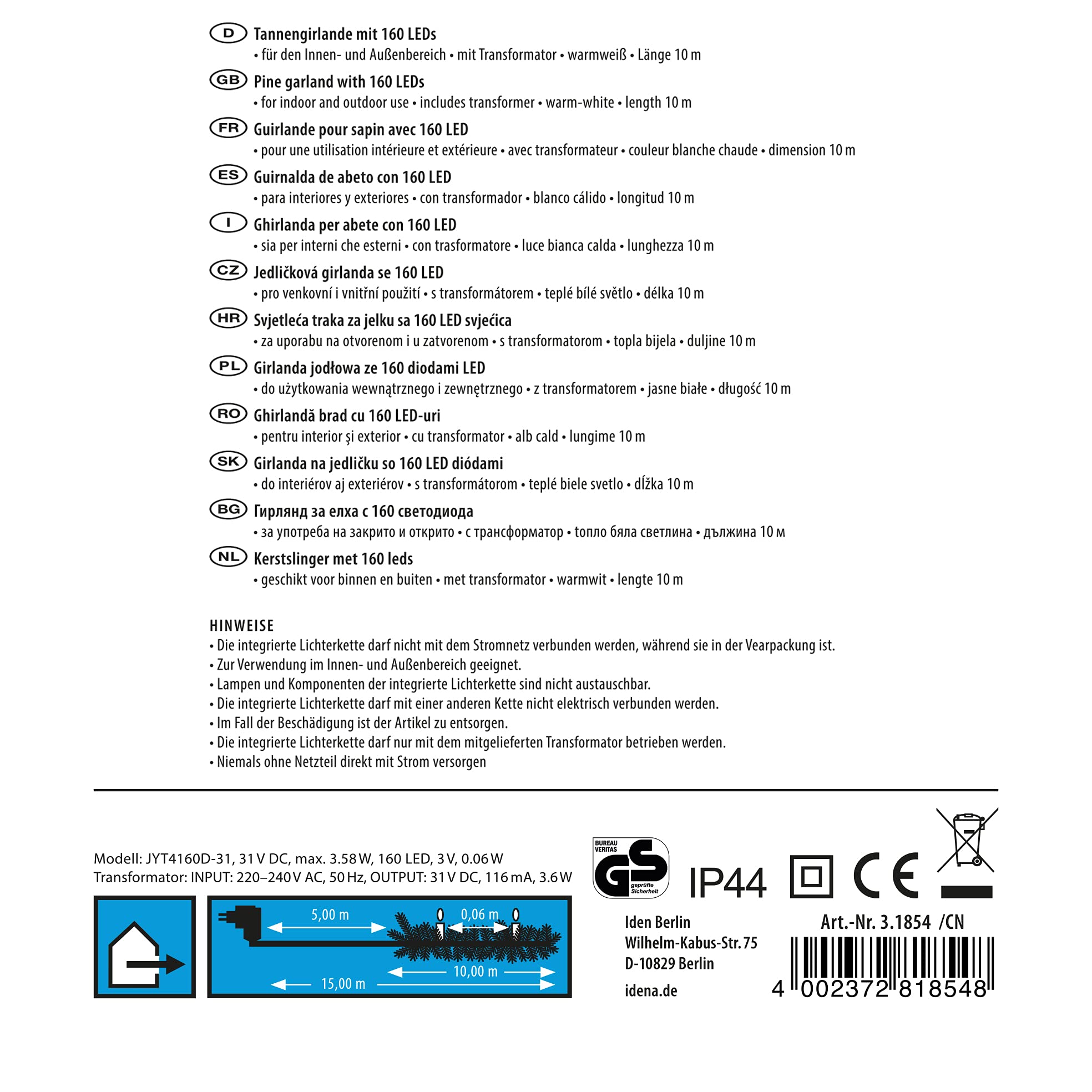 Idena 31854 - LED Tannengirlande mit 160 LEDs in Warmweiß, mit 8 Stunden Timer Funktion und Transformator, ca. 10 m lang, Deko für Innen & Außen, zum Basteln, als Party Deko, Weihnachtsdeko