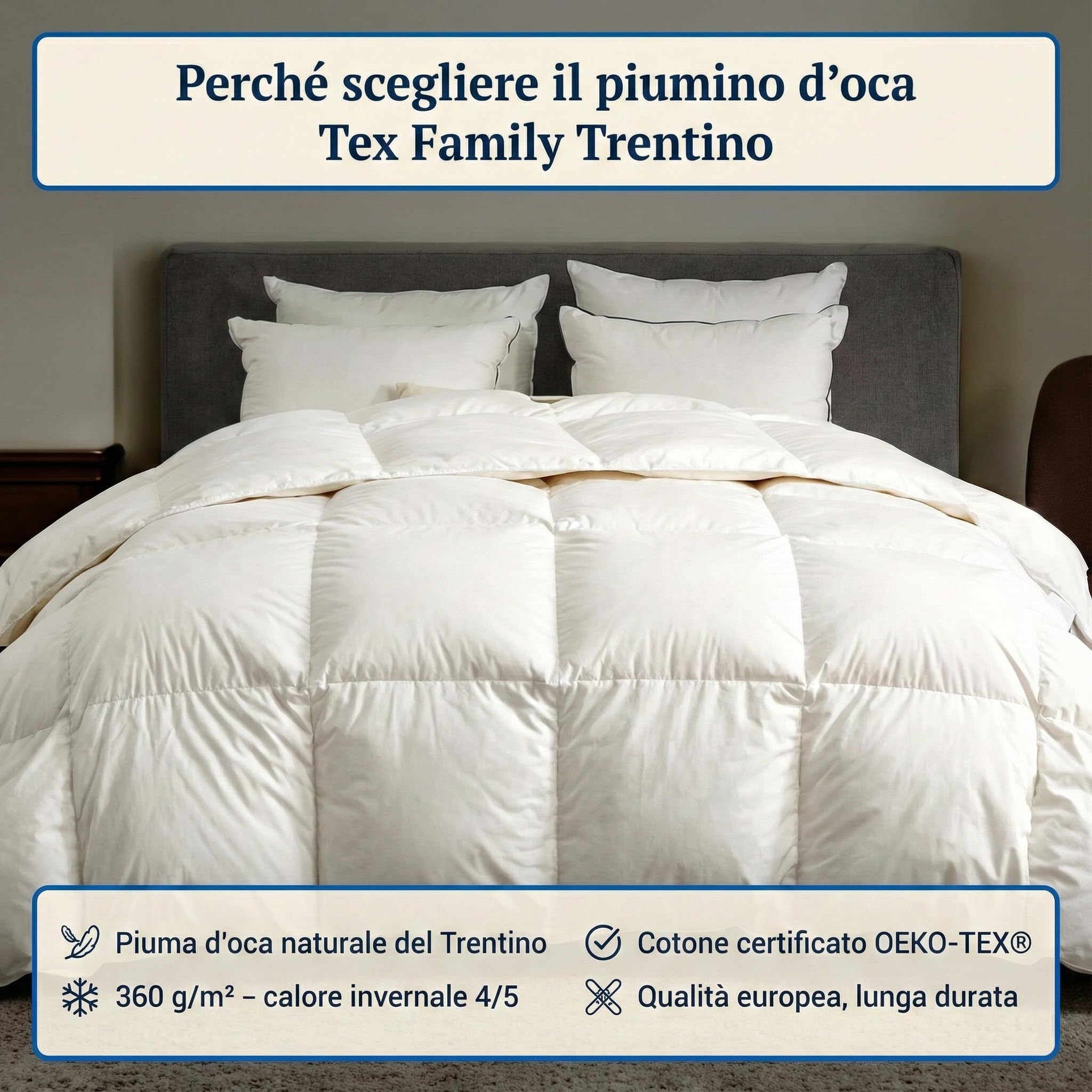 Piumino d’Oca Matrimoniale Trentino 250x200 cm, Piumone Invernale Caldo e Soffice, 100% Piuma d’Oca Naturale, Imbottitura 360 g/m², Certificato OEKO-TEX Letto Matrimoniale 2 Piazze Cm. 250x200