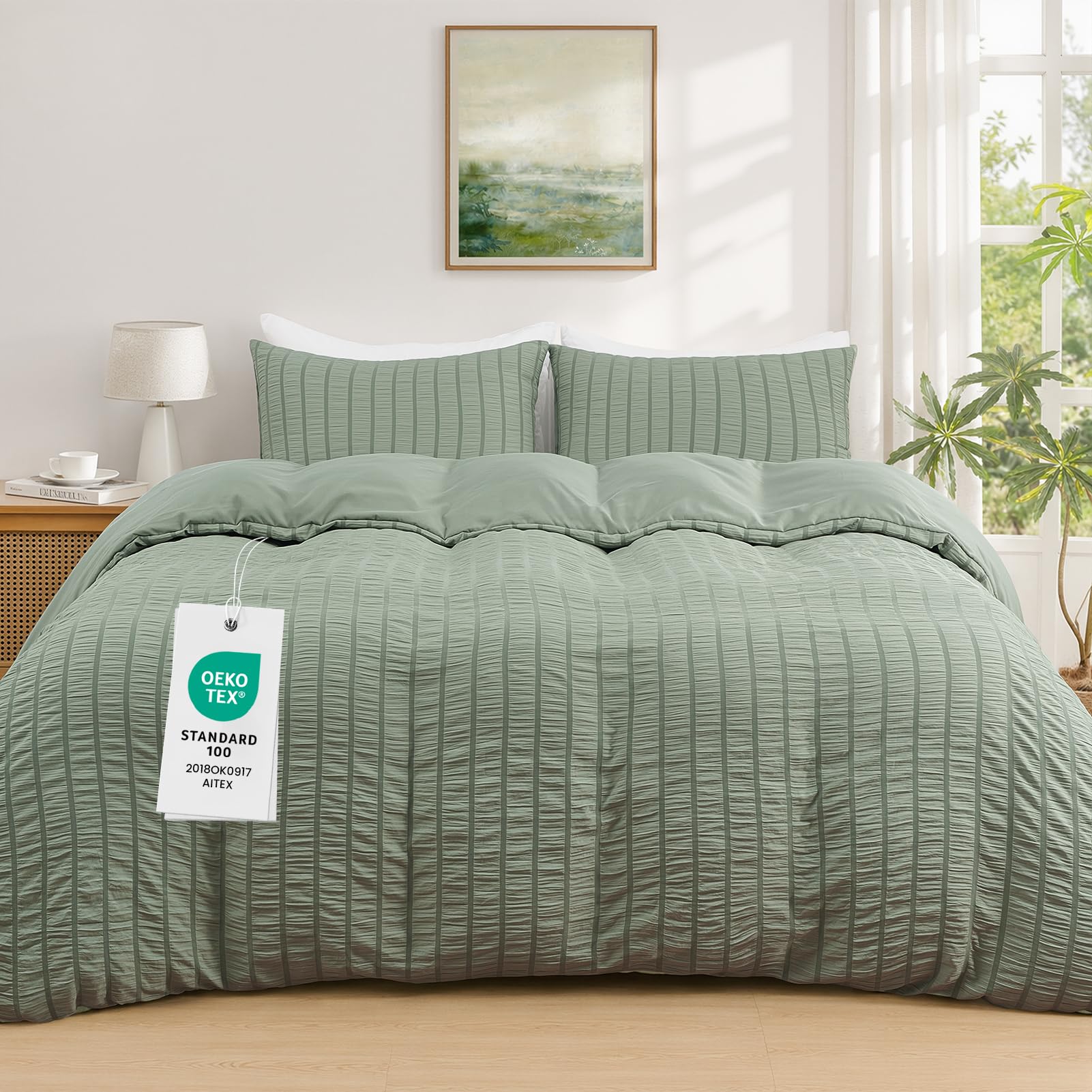 Duvetnova Sage Green Single Duvet Cover Set Seersucker Bedding Set OEKO-TEX Soft Breathable Microfiber with Zipper Closure All Season 135x200cm with 1 Pillow Cases