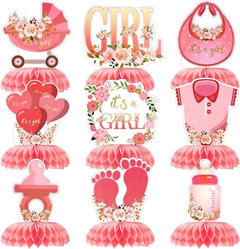 9 centros de mesa de nido de abeja de color oro rosa rosa para baby shower, decoraciones florales de baby shower para niñas, decoraciones de mesa