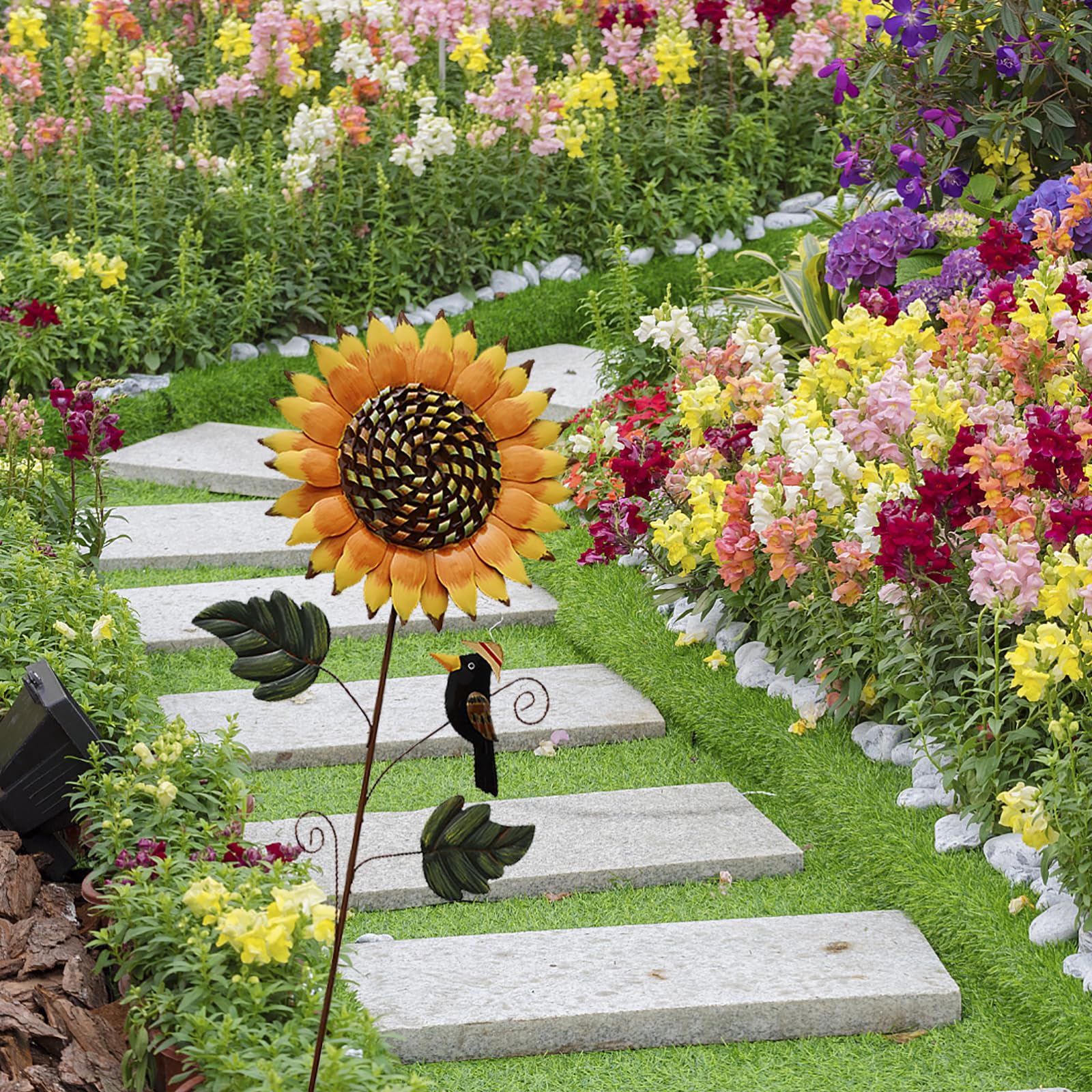 Piquets de jardin en métal - Panneau décoratif en forme de tournesol - Décoration pour pelouse, terrasse, allée, décoration intérieure et extérieure (85,1 cm de hauteur)