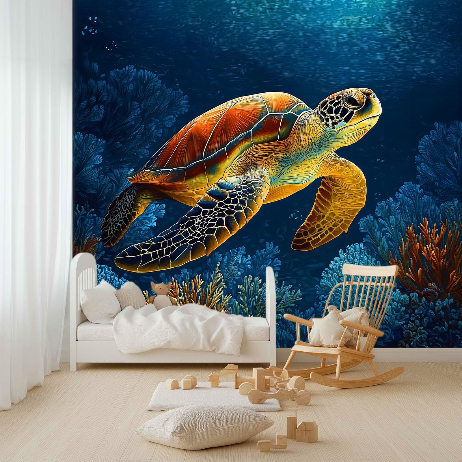 Fototapeta z włókniny, styl kreskówkowy, tapeta 200 x 140 cm (szer. x wys.), nowoczesna tapeta z włókniny, efekt 3D, dekoracja ścienna, morze, rafa koralowa, żółw, tapeta z motywem, tapeta ścienna