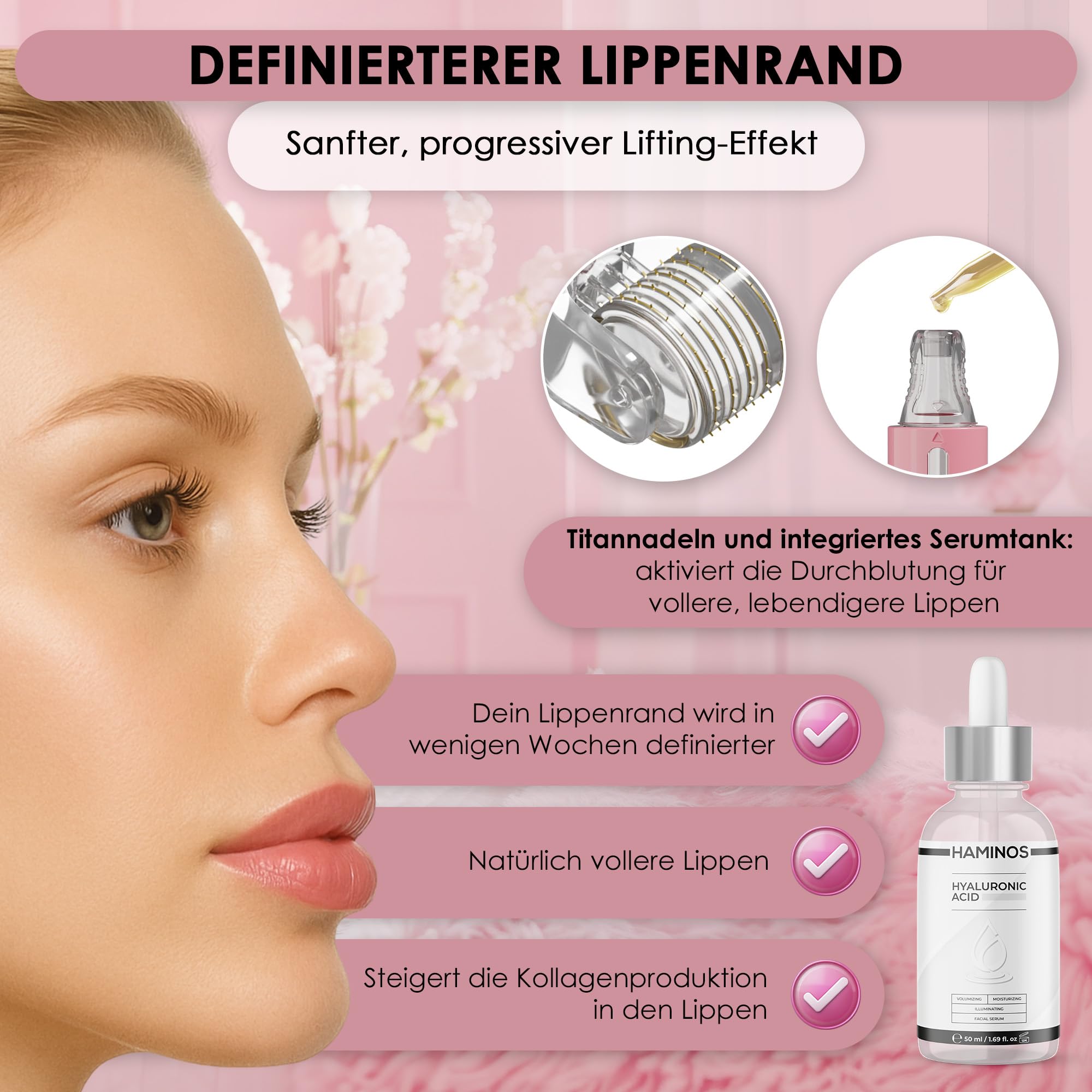 HAMINOS Derma Roller 0,25 mm mit Hyaluronsäure Serum, Microneedle Roller mit Reservoir, Lippenpflege Applikator