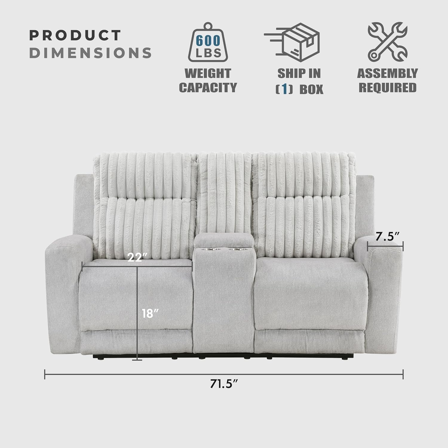 Lexicon Modern Double Recliner Loveseat with Center Console, Manual Wall Hugger Textured Microfiber Love Sac Couch, Plush Corduroy Channel Seat Back, Manual Recliner Loveseat, Light Gray