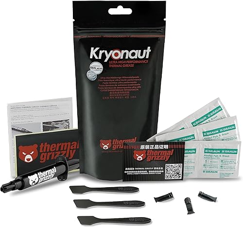 Thermal Grizzly Kryonaut - Grasa térmica - Juego de 0.39 oz - 1 aplicador extra y 2 espátulas adicionales y 6 almohadillas de limpieza de CPU