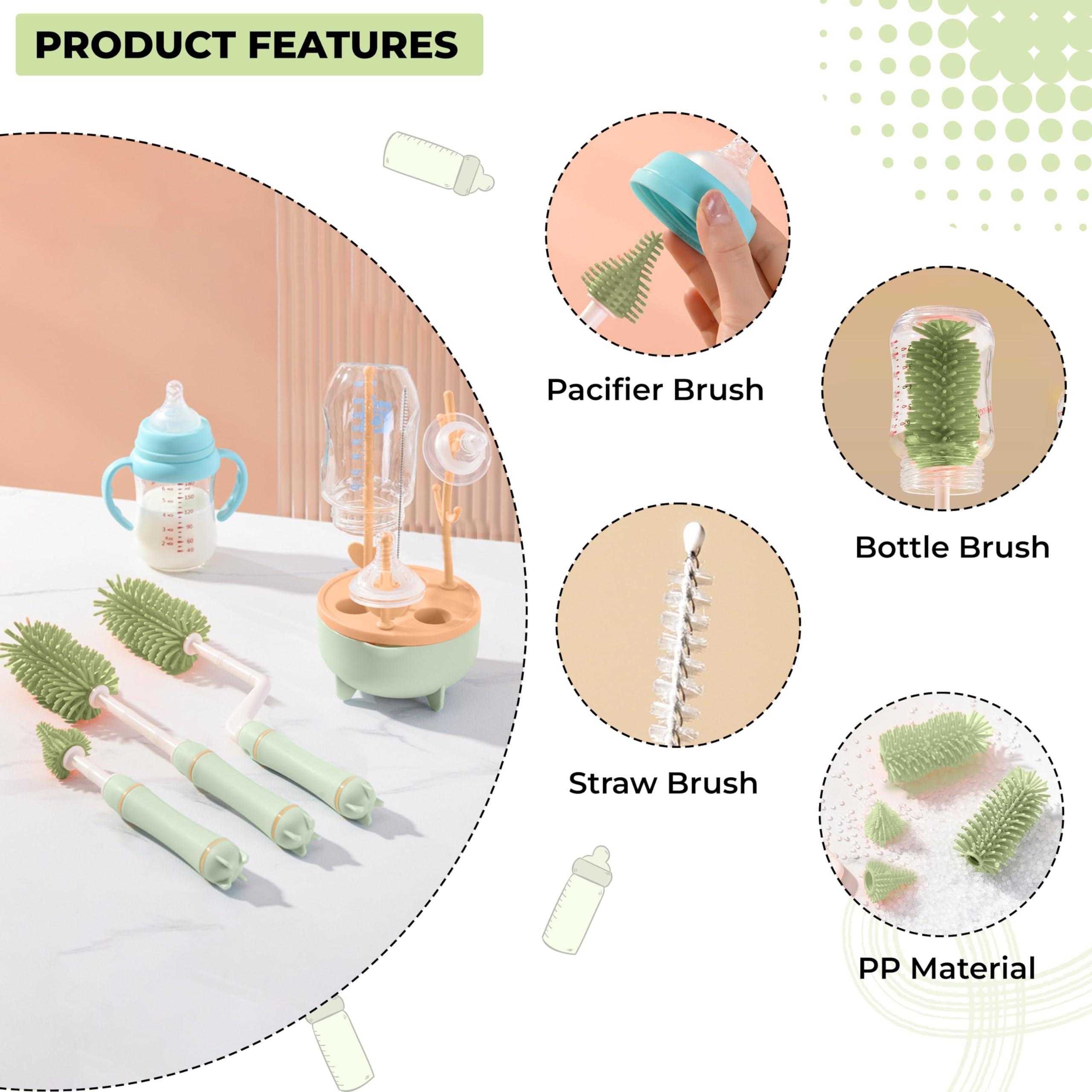 DaKos Baby Bottle Drying Rack with Silicone Cleaning Brush 2 in 1, Baby Bottle Cleaner, Baby Bottle Nipple Storage, Baby Bottle Dryer, Baby Bottle Cleaning Accessories with Holder Storage Box 2