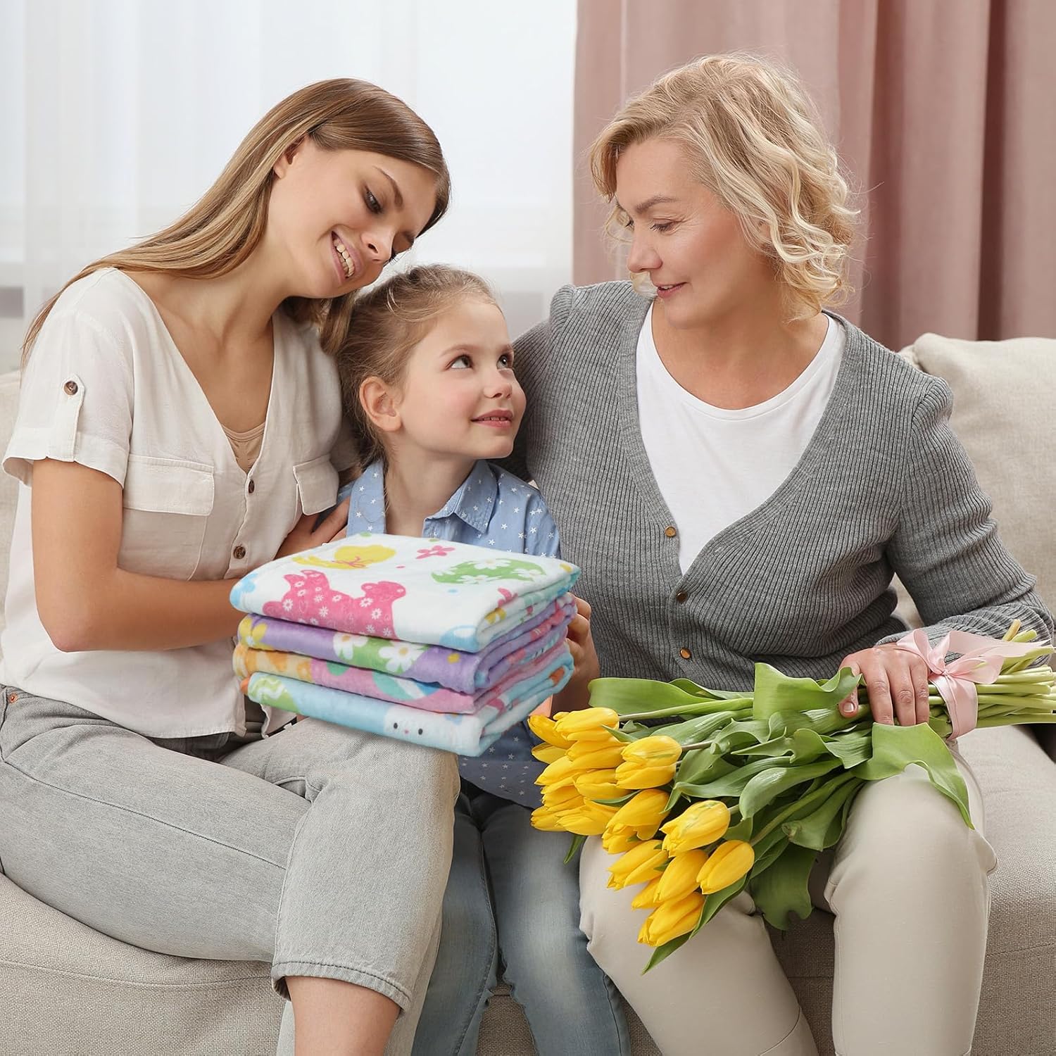 Haull 4 Pcs Easter Throw Blankets Easter Eggs Bunny Chick Floral Flannel Blankets Colorful Pastel Bed Sofa Couch Chair Decor Gifts for Spring Home Travel Office, 40 x 50 Inch