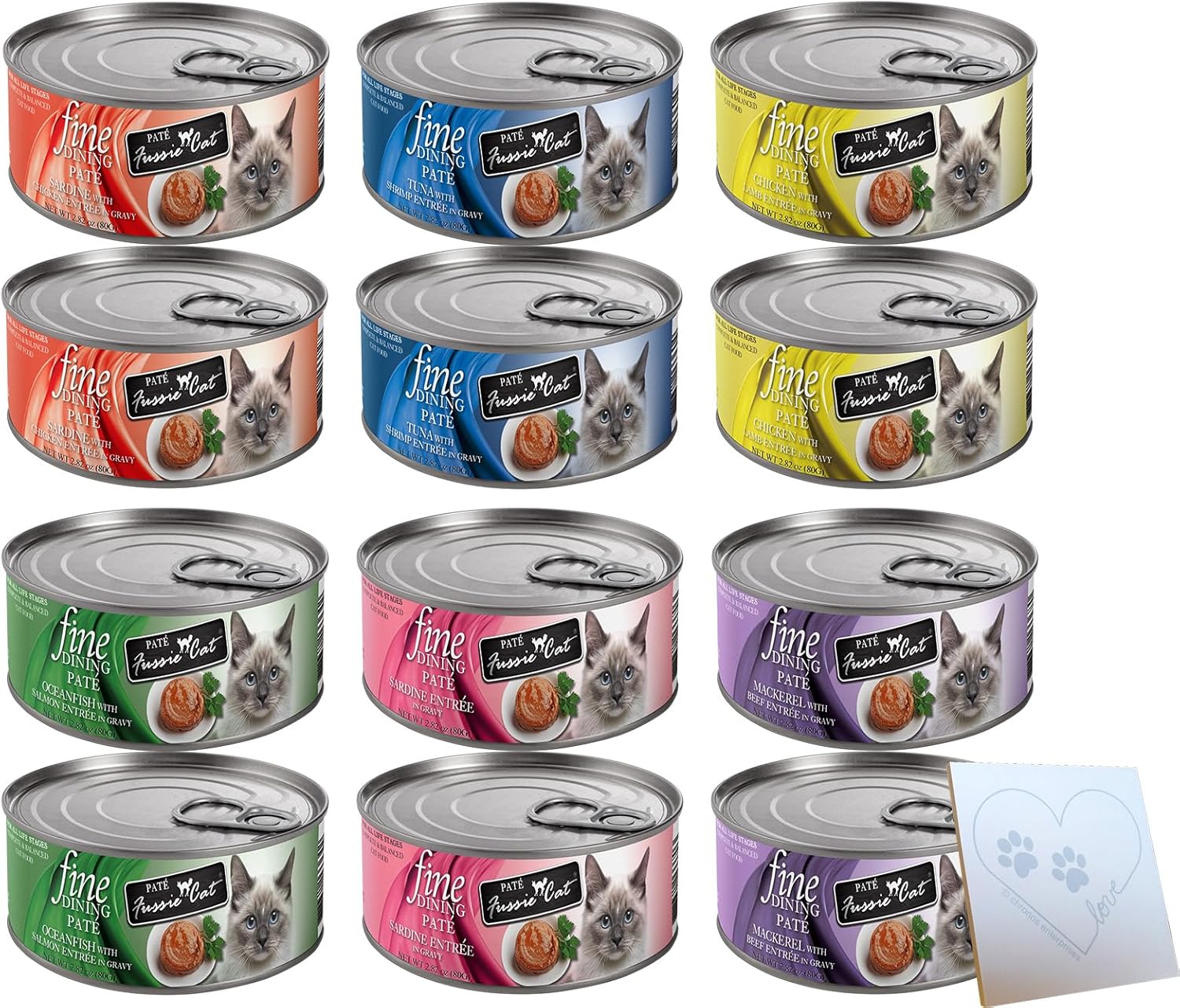 Variety Pack for Fussie-Cat-Fine-Dining Pate Wet Food - 6 Delicious Flavors: Sardine & Chicken, Tuna & Shrimp, Chicken & Lamb, Oceanfish, Sardine, and Mackerel & Beef (2.8 Oz Each, 12 cans Total)