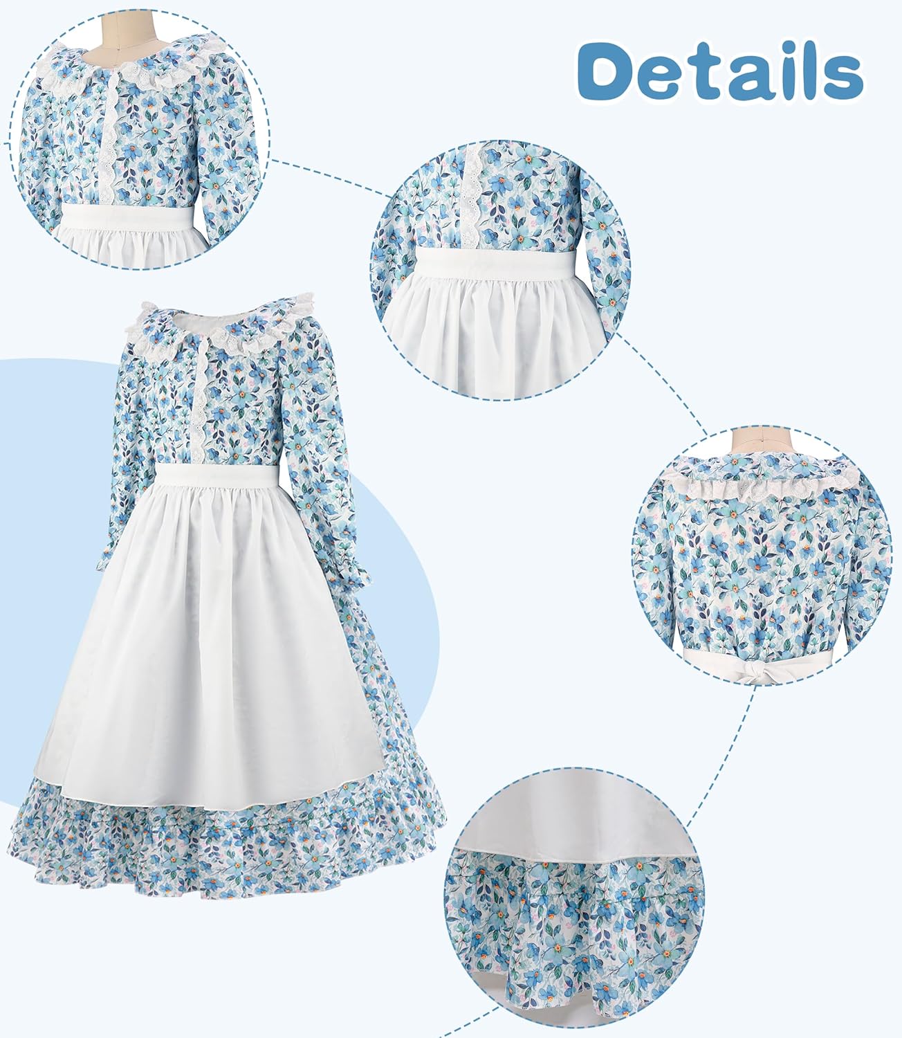 Pioneer Girls Costume Colonial Prairie Dress for Kids Pioneer Party Halloween Dress Up with Apron and Bonnet