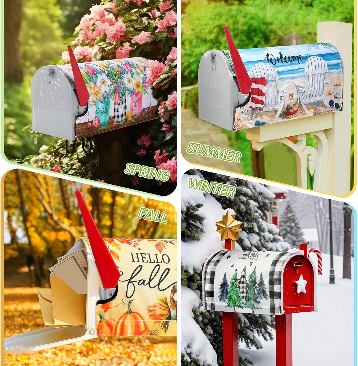 Blosssound 4 Pcs Mailbox Covers Standard Size 18 x 21 Inch Welcome Christmas Winter Spring Summer Fall Seasonal Magnetic Mailbox Covers Wraps for Holiday Garden Yard Outdoor Decor(Scarecrow)