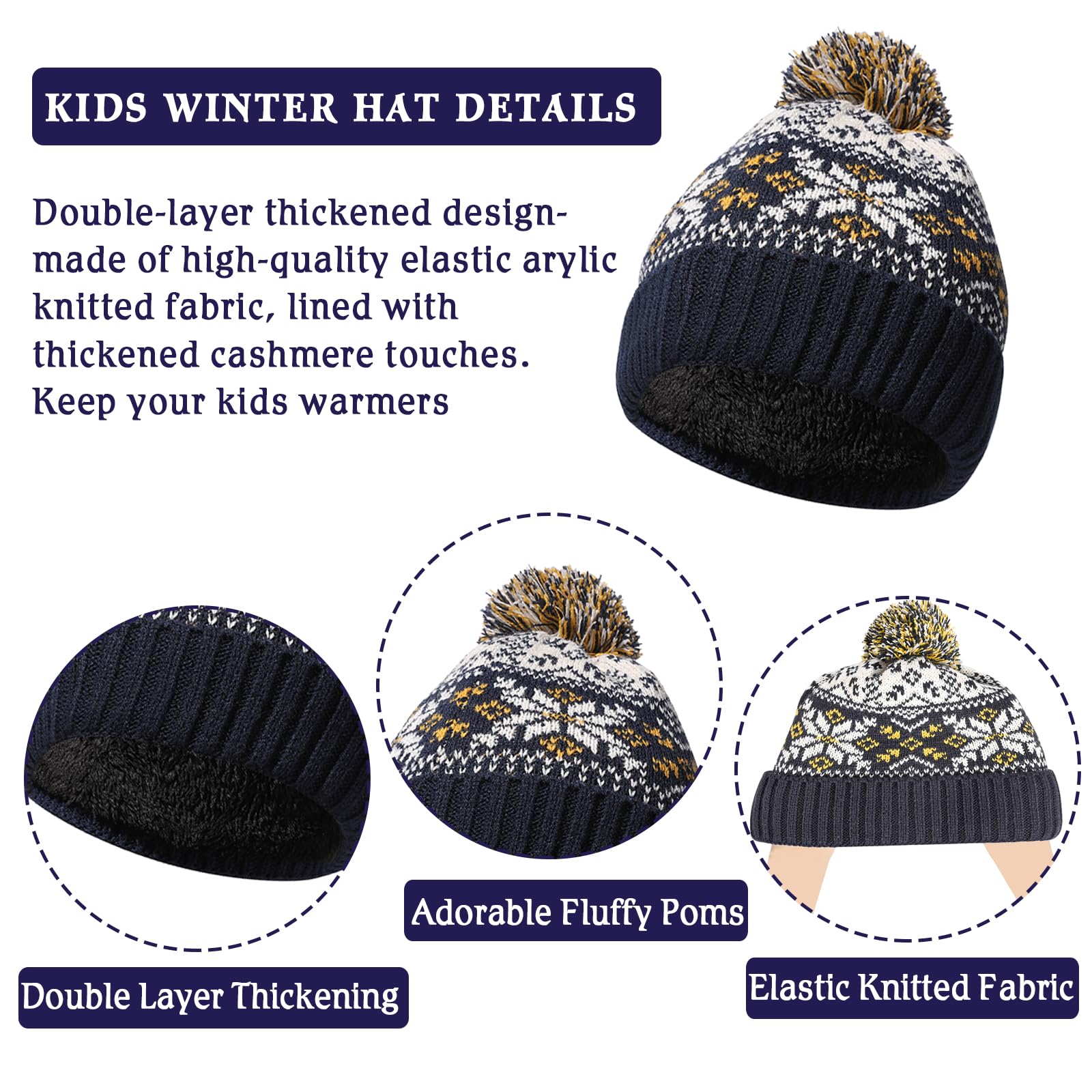 Ensemble de Bonnet Echarpe Gants Hiver pour Enfants de 2 à 7 Ans avec Doublure Double Épaisseur, Bonnets Tricotés avec Pompon et Snood Gant pour Garçons Filles