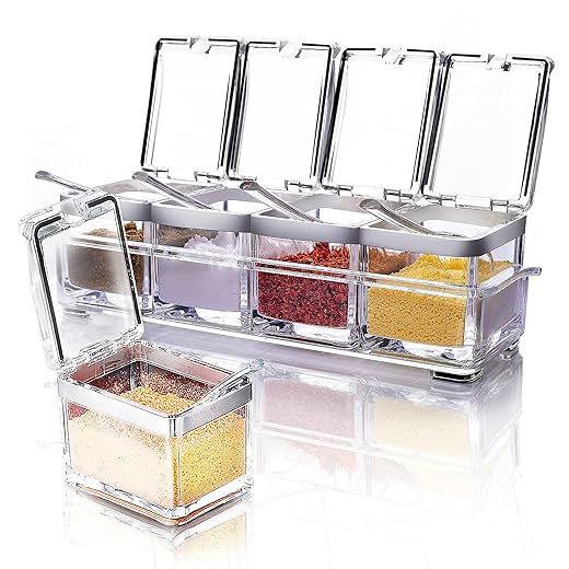 Acrylic Seasoning Box Set, 4 Piece Clear Seasoning Rack Spice Pots, Premium Quality Storage Container Condiment Jars for Spice Salt Sugar Cruet Kitchen Organization Containers with Cover and Spoon