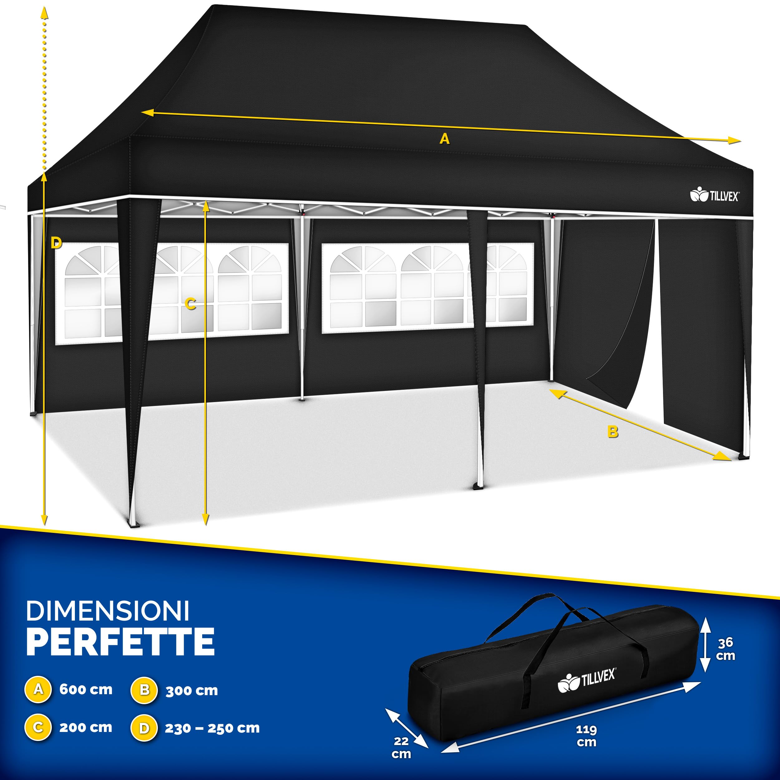 tillvex Gazebo 3x6m da Giardino | Gazebo pieghevole regolabile in altezza | Tenda Pop up impermeabile da protezione UV 50+ | Tenda Padiglione + Sacca di Trasporto (Nero - con 3 pannelli laterali)