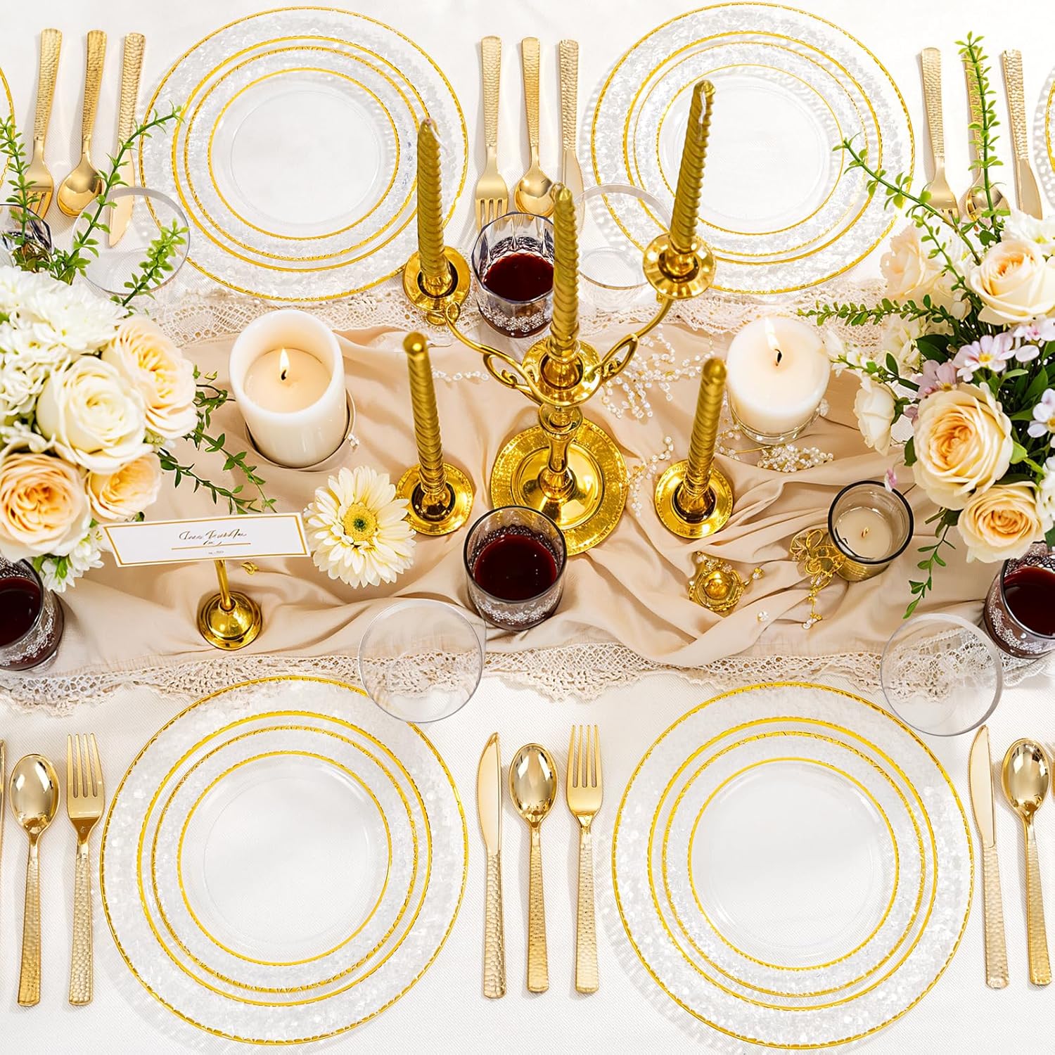 Ciaell 150PCS Clear Gold Plastic Plates - Disposable Gold Rim Plates include 25Dinner Plate, 25Dessert Plate, 25Forks, 25Knives, 25Spoons, 25Cups for Wedding & Party - Image 5