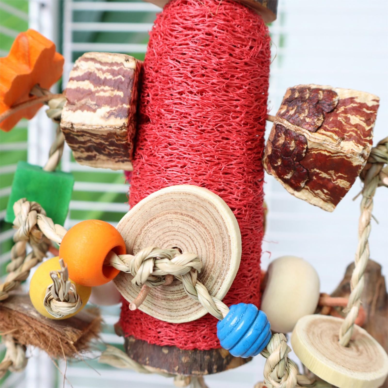 Natural Loofah Parrot Chew Toy - Hanging Bird Shredding Foraging Toy with Colorful Rope, Wood Blocks & Beads for Macaws, Cockatoos, African Grey, Conures - Bird Cage Chewing Entertainment Toy. - image 4