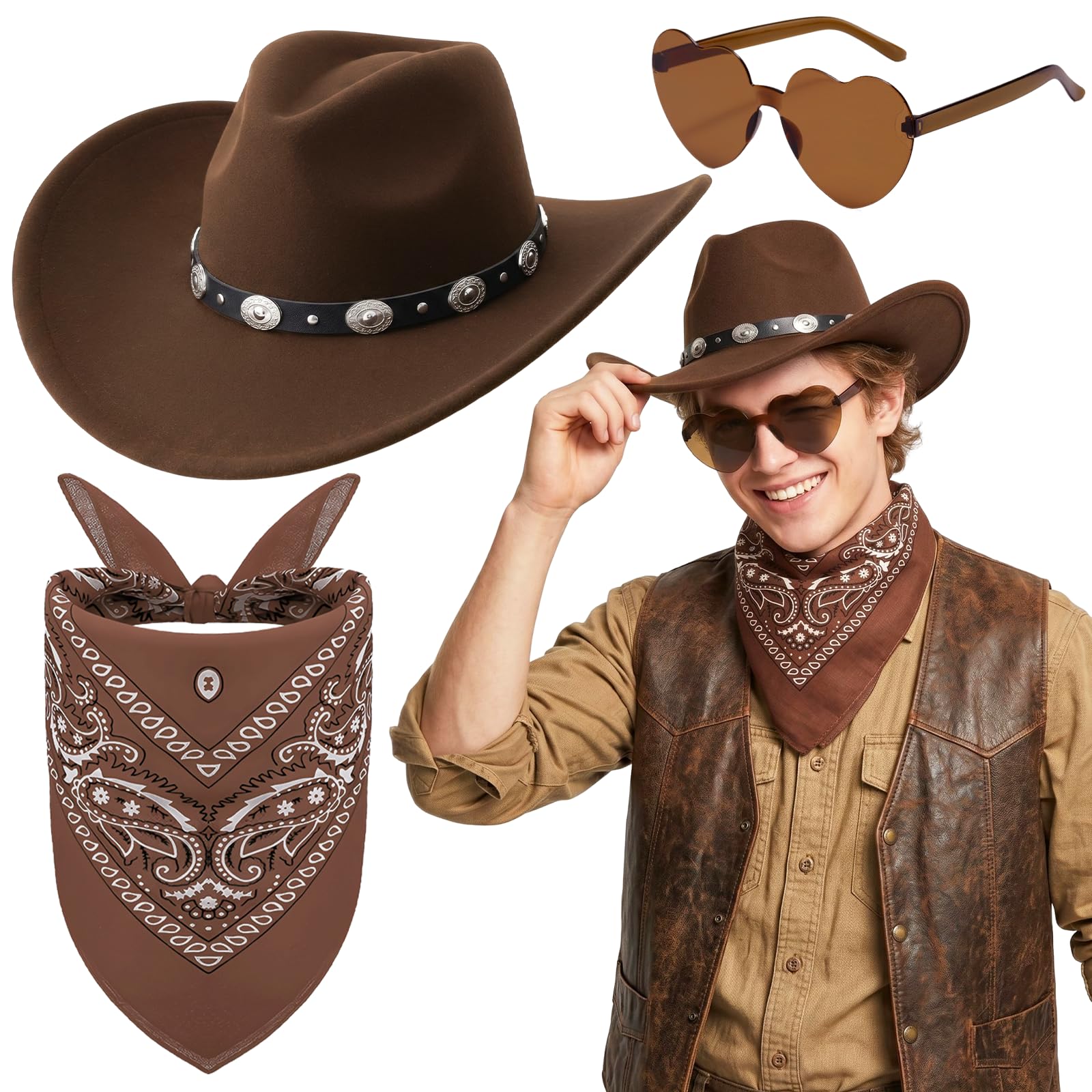 Kyndara 3Pcs Western Cowboy Hat Set, Unisex Cowboy Fancy Dress Kit with Wide Brim Hat Paisley Bandanna Heart Shape Sunglasses for Adult Masquerade Halloween Parties (Style-5)