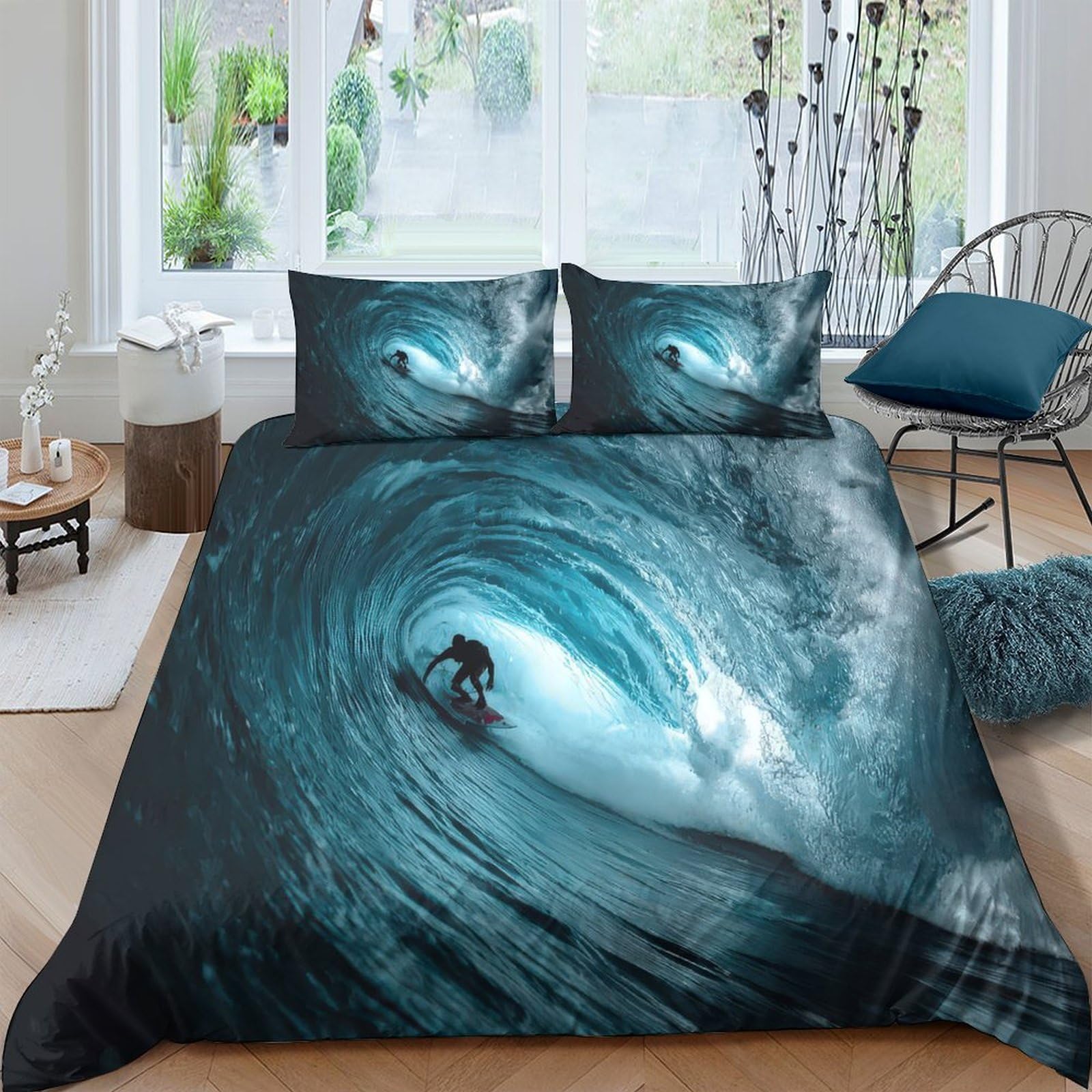 GPLZQXKJNH 3D Printed Surf Ocean Wave Duvet Cover Microfiber Soft Breathable Shark Bedding Set with 2 Pillowcases for Bedroom Decor Single（135x200cm）