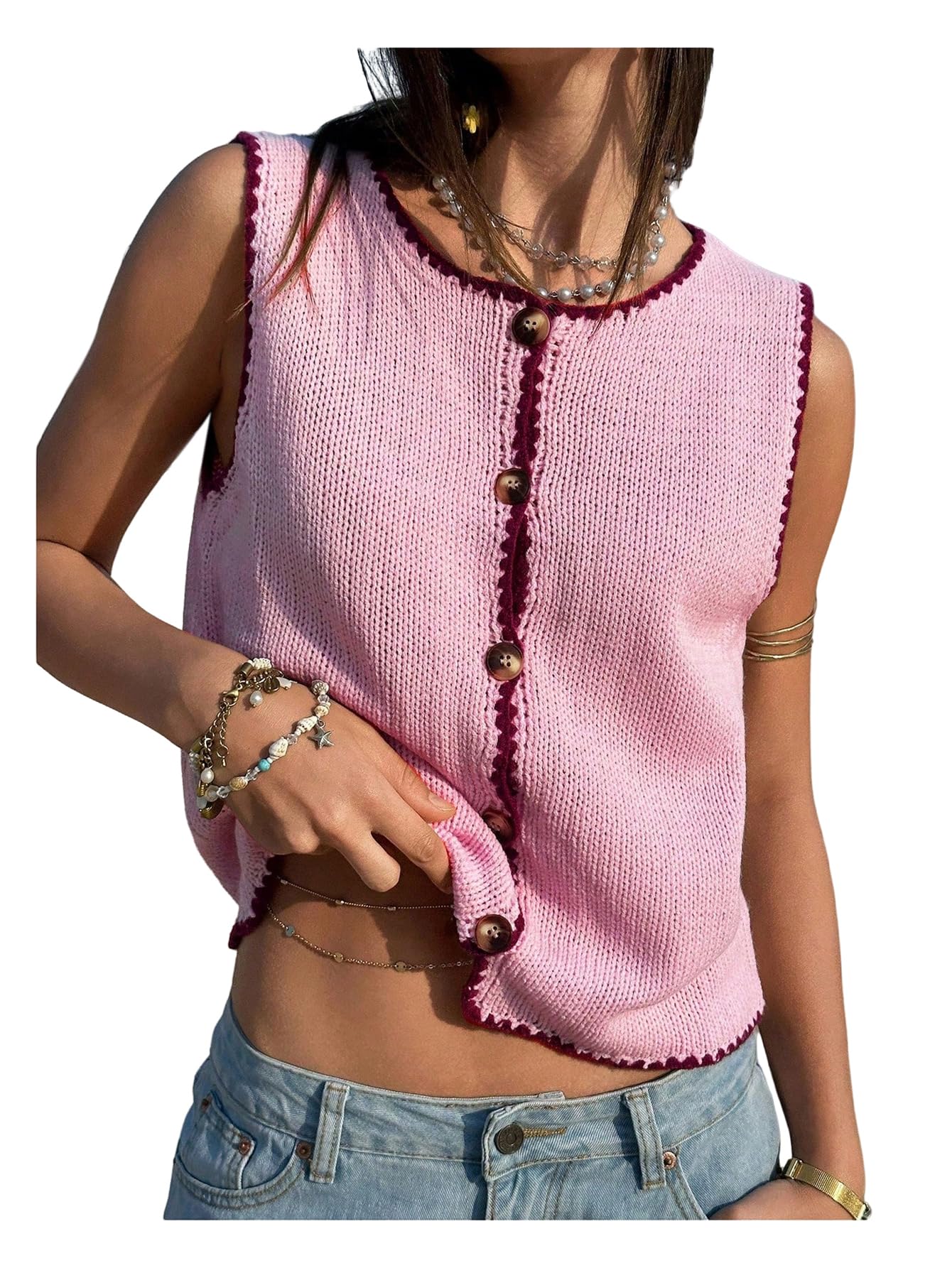 gorglitter Women's Button Up Cropped Sweater Vest Vintage Sleeveless Colorful Knit Cardigan Tops, Pink, Small-picture-18
