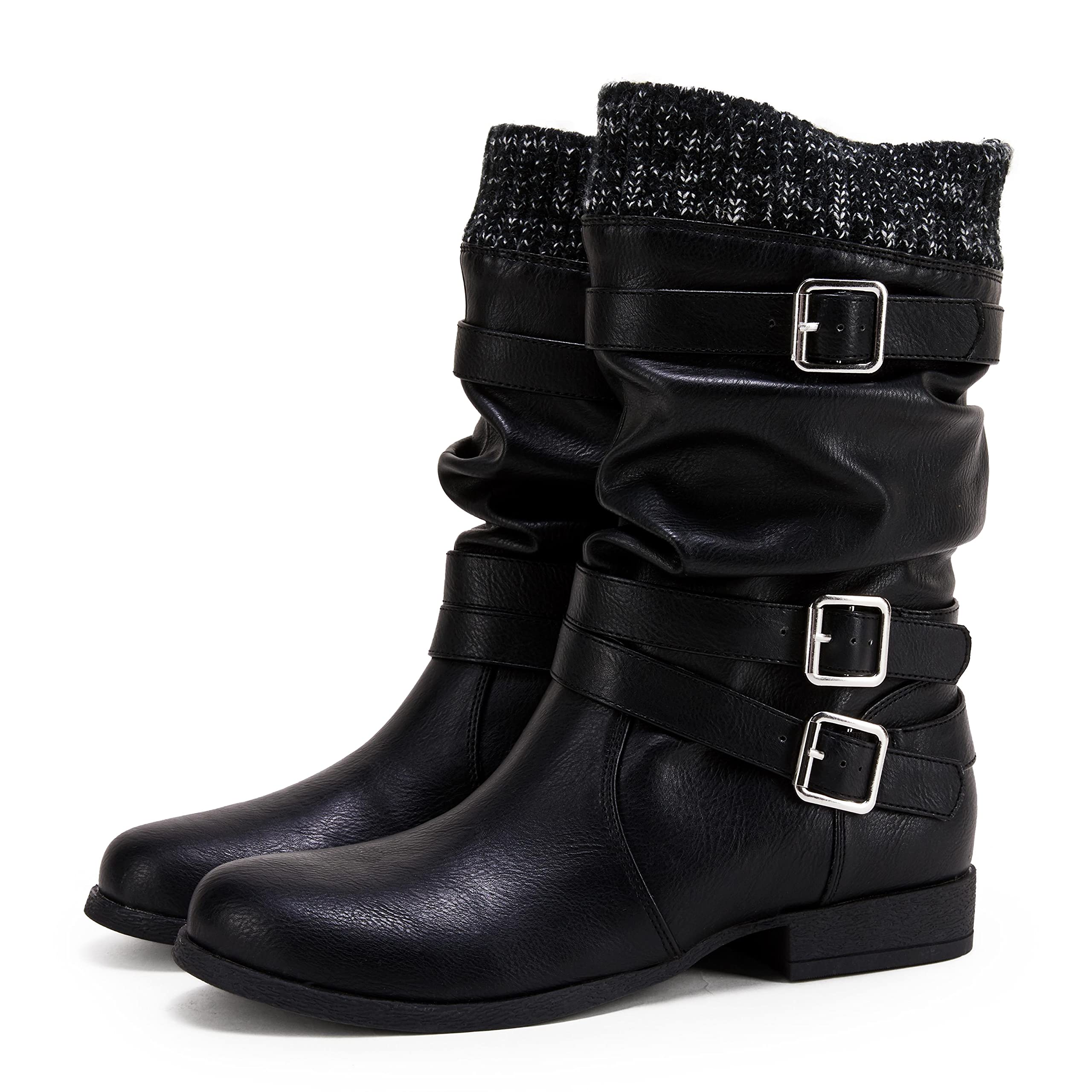 Coutgo Women's Slouchy Knitted Cuffs Round Toe Pull On Buckle Strap Low