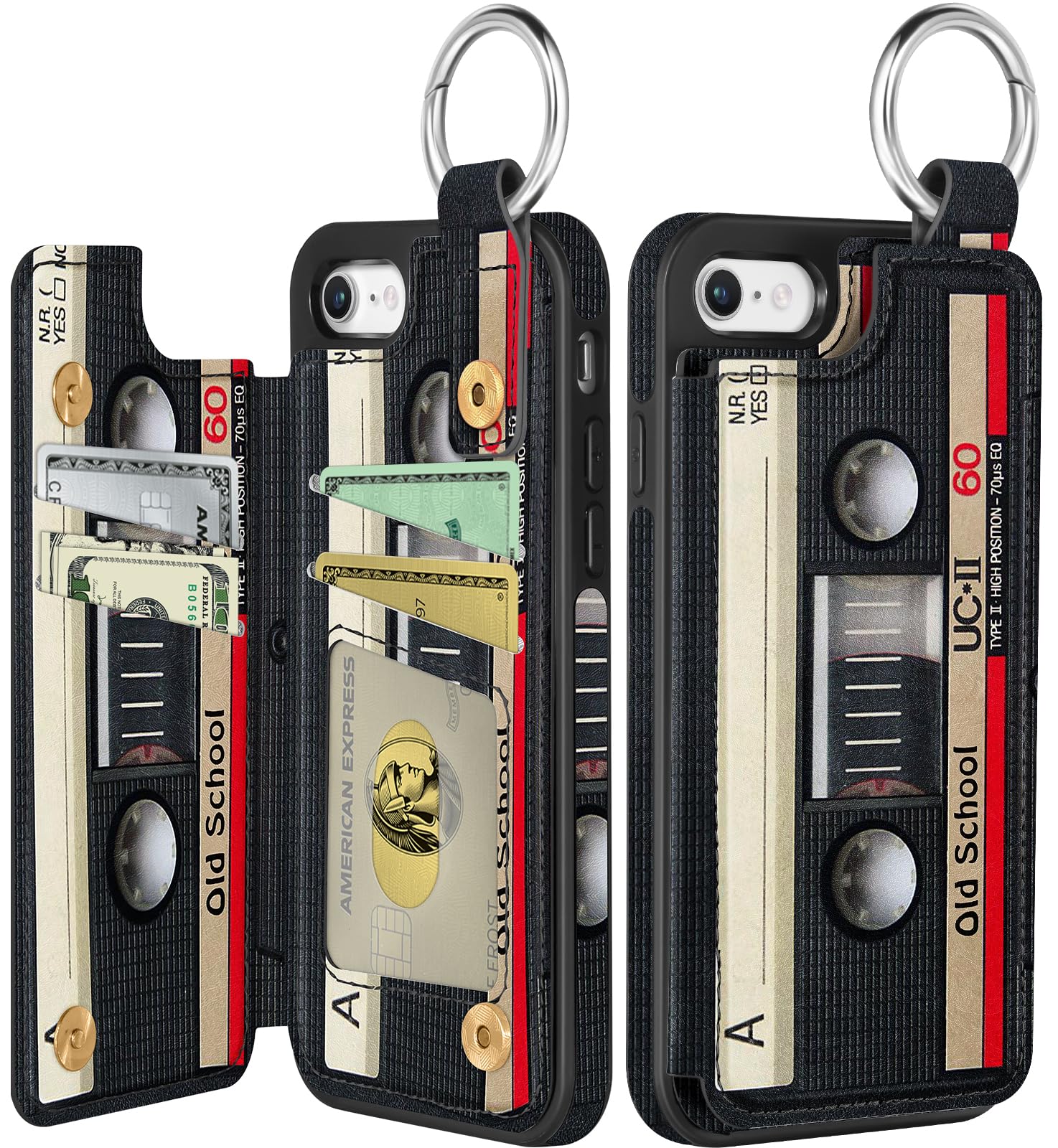 Shorogyt Compatible with iPhone 8/7/SE Wallet Case with Card Holder - Designer CD Tape Pattern Kickstand Magnetic Clasp Back Flip Folio Leather Phone