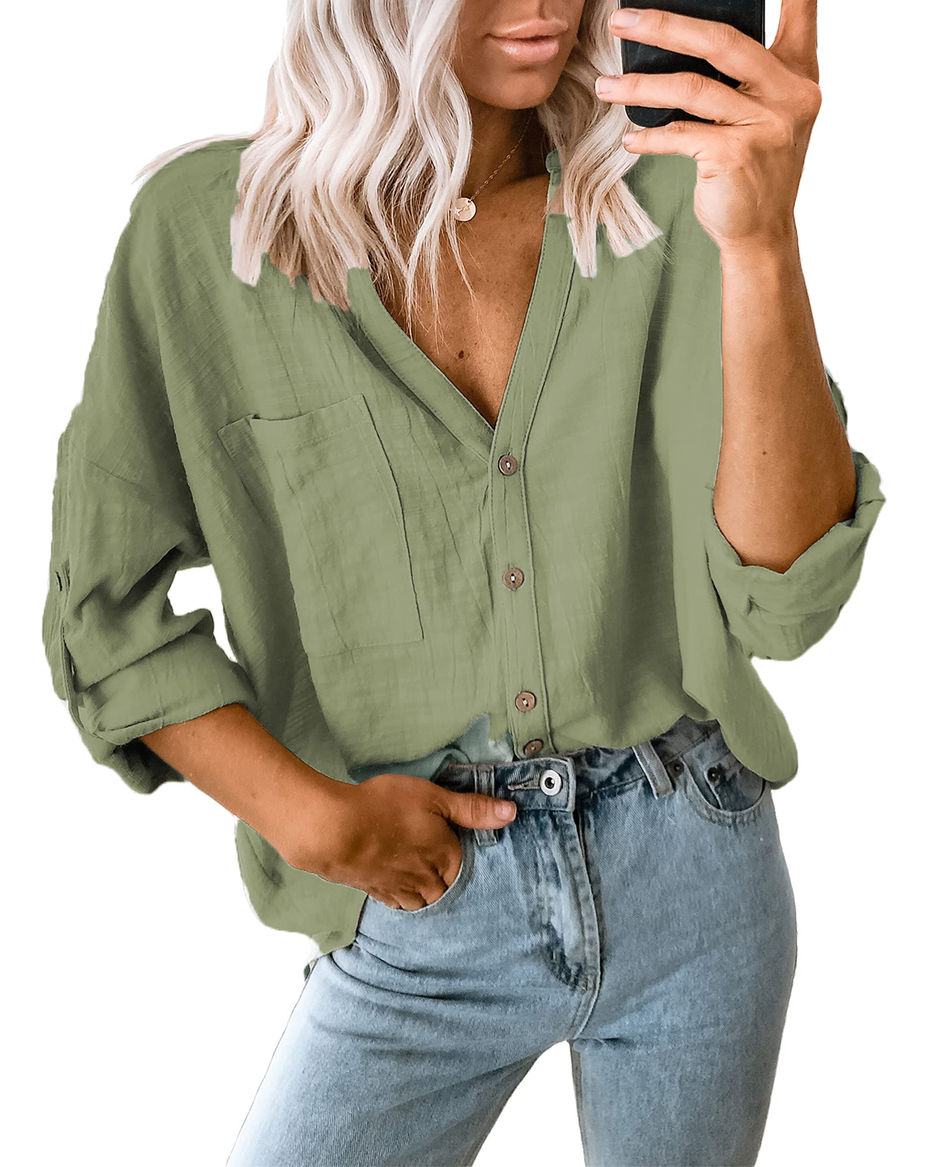 SYOT Womens Button Down Collared Shirts Solid Color V Neck Long Sleeve Pocket Blouses Loose Basic Tops