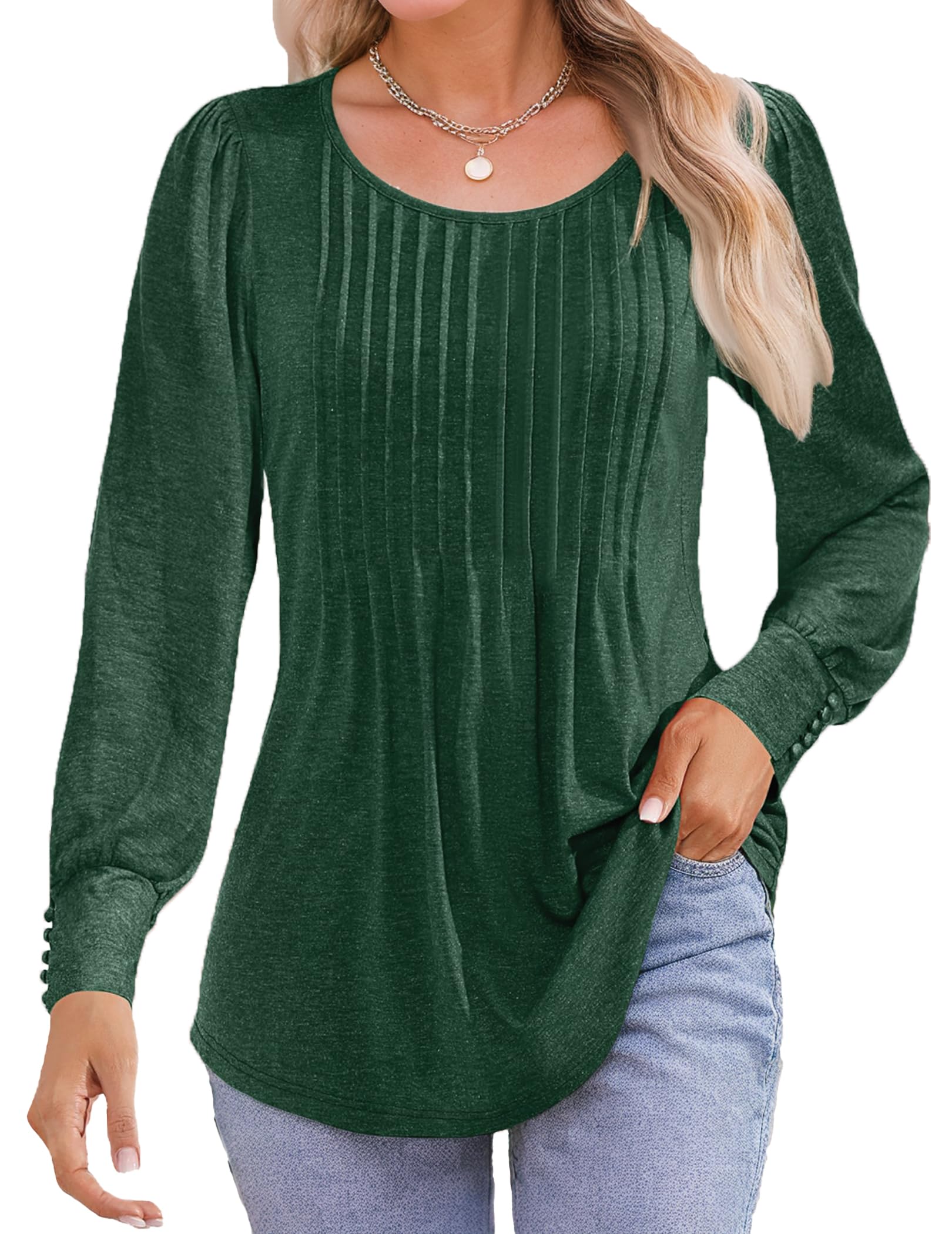 Teepie Long Sleeve Shirts for Women Pleated Crew Neck Business Casual Tunic Tops with Smocked Cuffs Fall Outfits