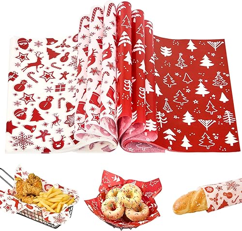 Miniatura 8 de Zezzxu 100 hojas de papel encerado de Navidad, papel pergamino de Navidad, papel a prueba de grasa, papel seco, papel de envoltura para canasta de