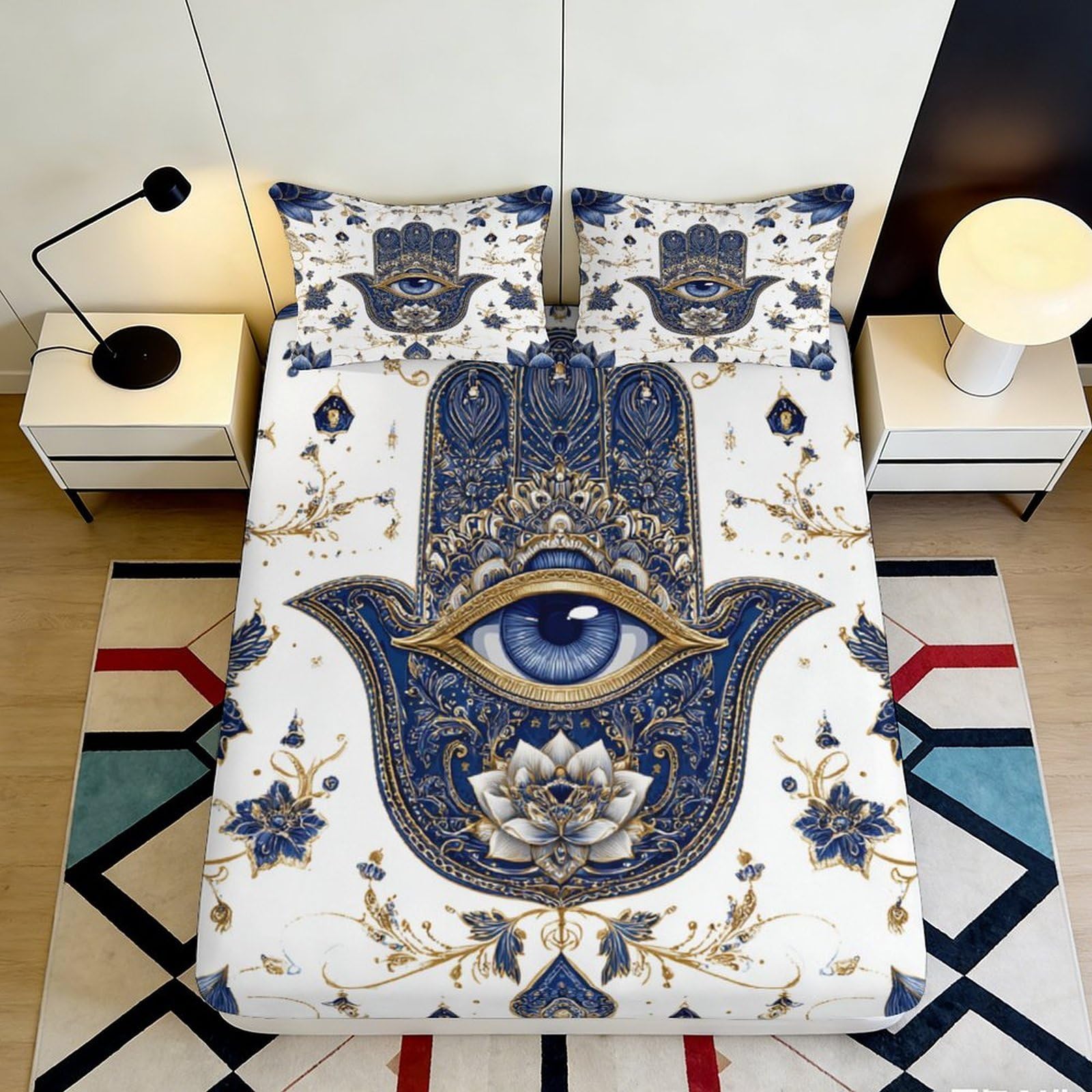 Pnayamiorkfel Style-5 3D Printed Hamsa Hand Fitted Sheet Microfiber Soft Blue Gold Evil Eye Bed Cover For Bedroom Guest Room Decor 90X200x25cm
