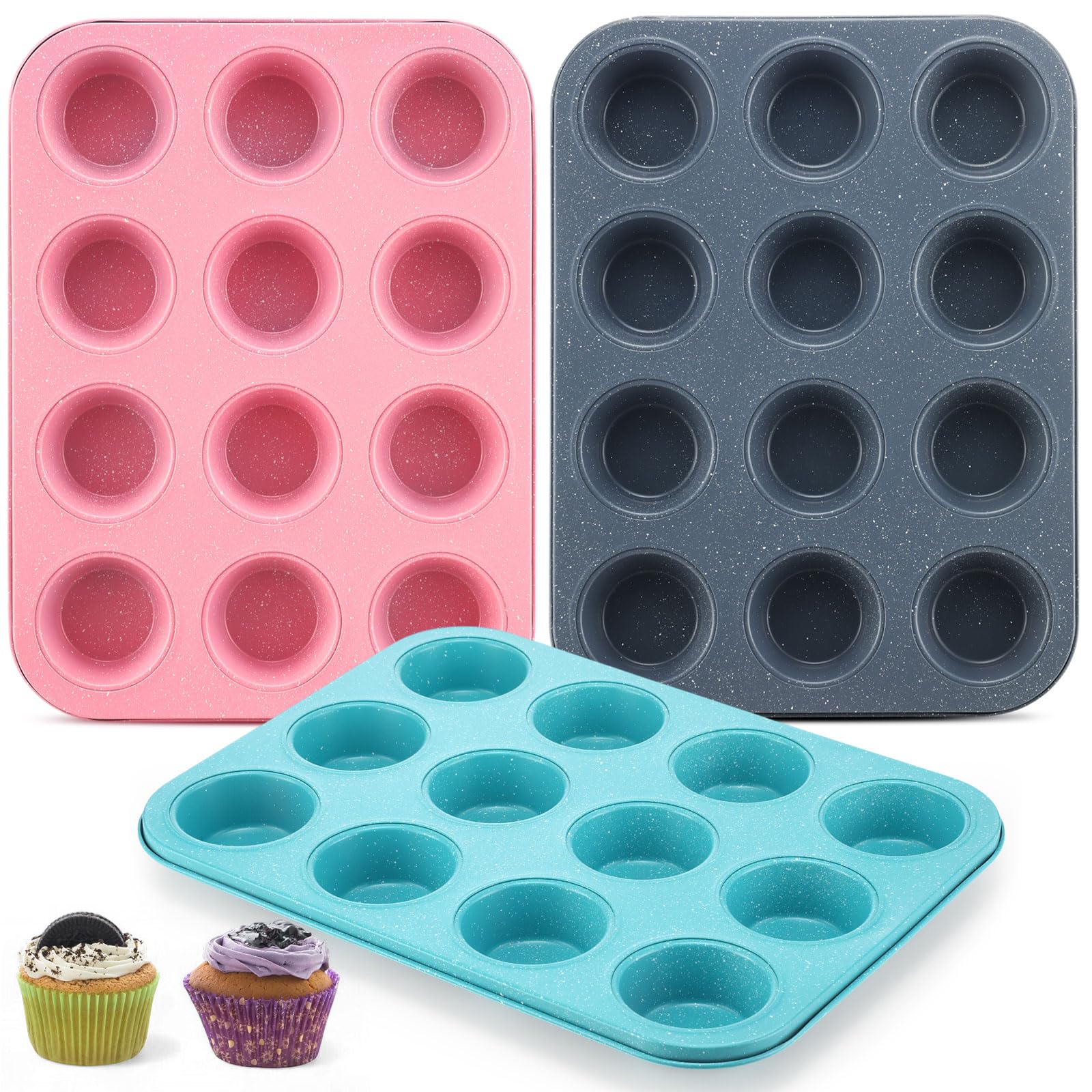 Reallnaive 3 pcs Non-Stick 12-Cup Muffin Pan Round Muffin Baking Pan Muffin Mold Cupcake Sheet Versatile Essential for Cupcakes Muffins Kitchen