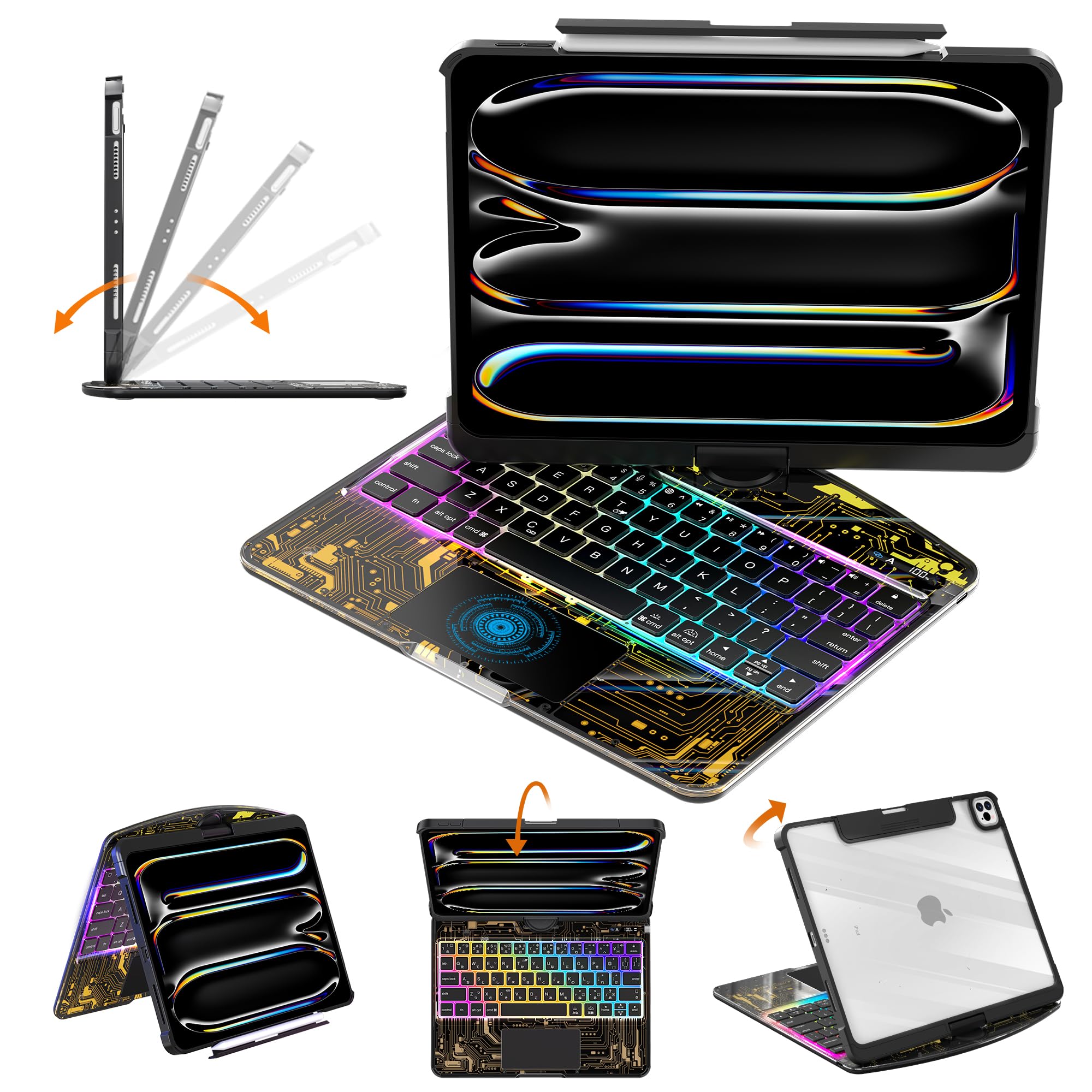 Clear Keyboard Case for iPad Pro 13 inch (M4/M5 2024/2025),360° Swivel Multi-Touch Trackpad, with Wireless Bluetooth 3-Brightness &amp;7-Color Backlit, Pencil Holder and Keyboard Shortcuts Black