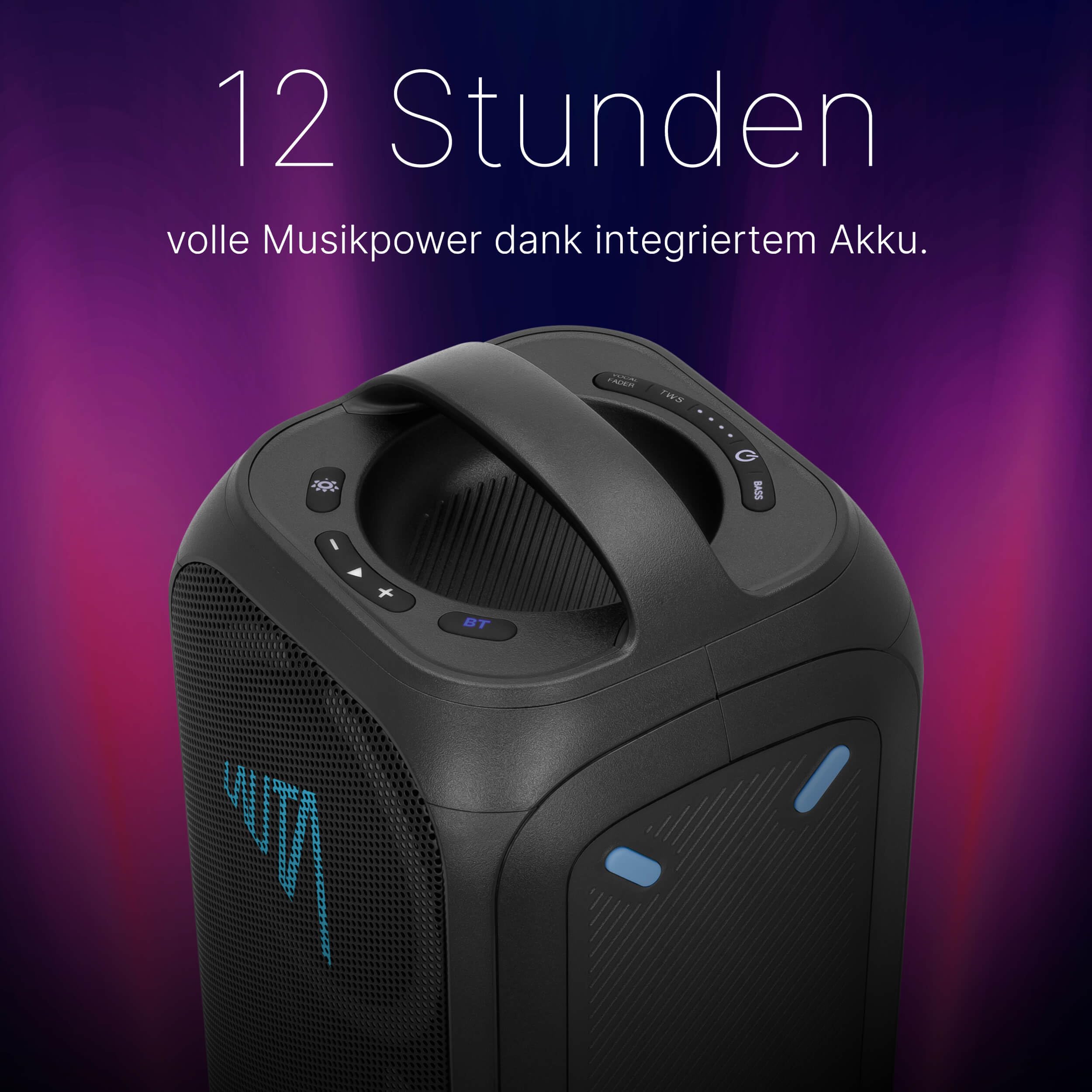 LAUTA WUMMSBOX - 160W Peak Bluetooth Partybox, Musikbox mit 103dB Sound | Bass Boost, True Wireless Stereo, 12 Stunden Akkulaufzeit, LED, IPX4, USB, Mikrofon-Anschluss, 80W RMS Leistung